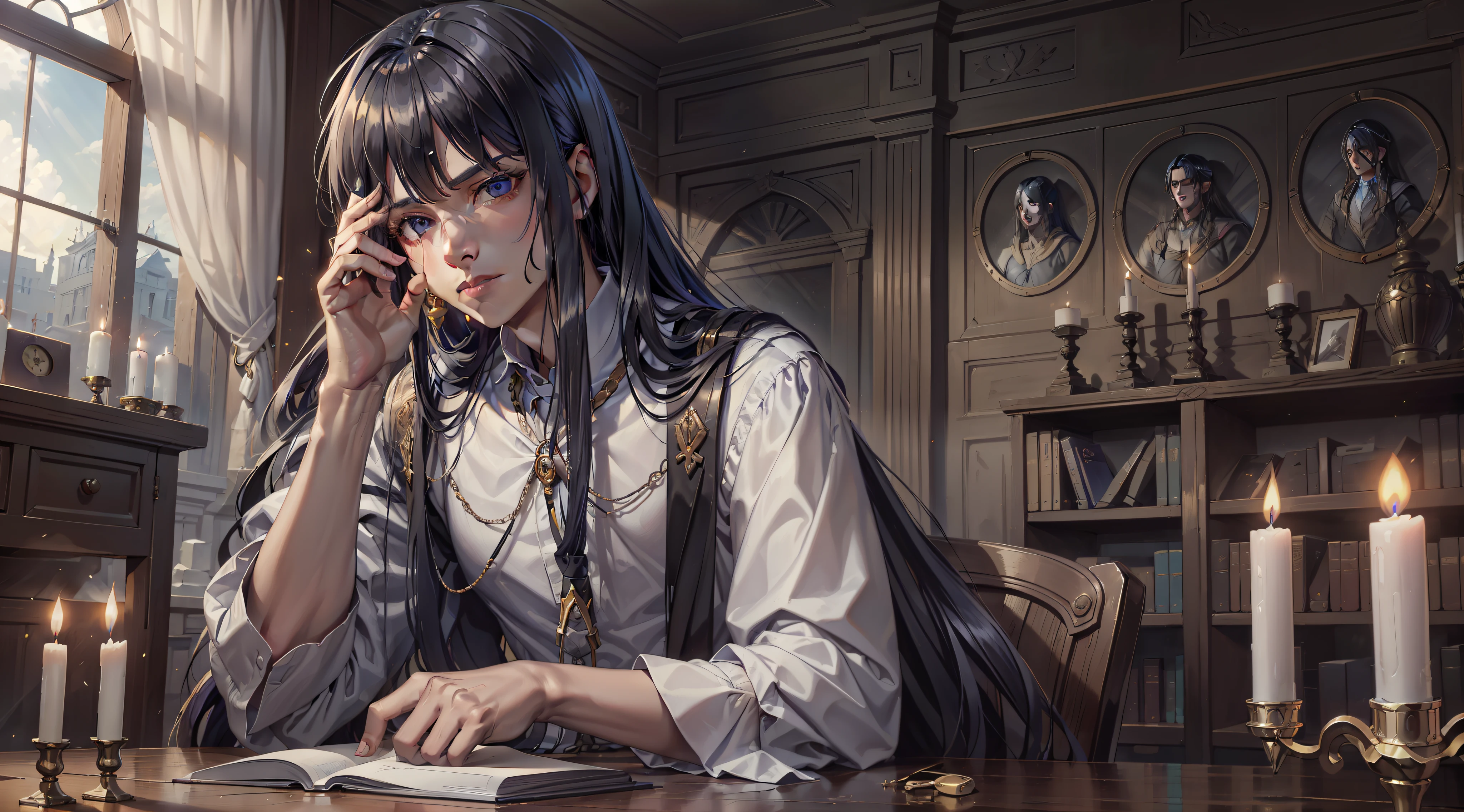 ((8K, Masterpiece:1.3, Superior quality))high qulity,the detail,Beautiful,Be asexual like God,Man with blue-black hair,Medium long hair,Slanted bangs cover the right eye,bluish black eyes,19years old, Wearing his ancient Greek costume, Taught in his old library, luz de velas. hands on desk. He had no candle in his hand,He holds a quill in his hand