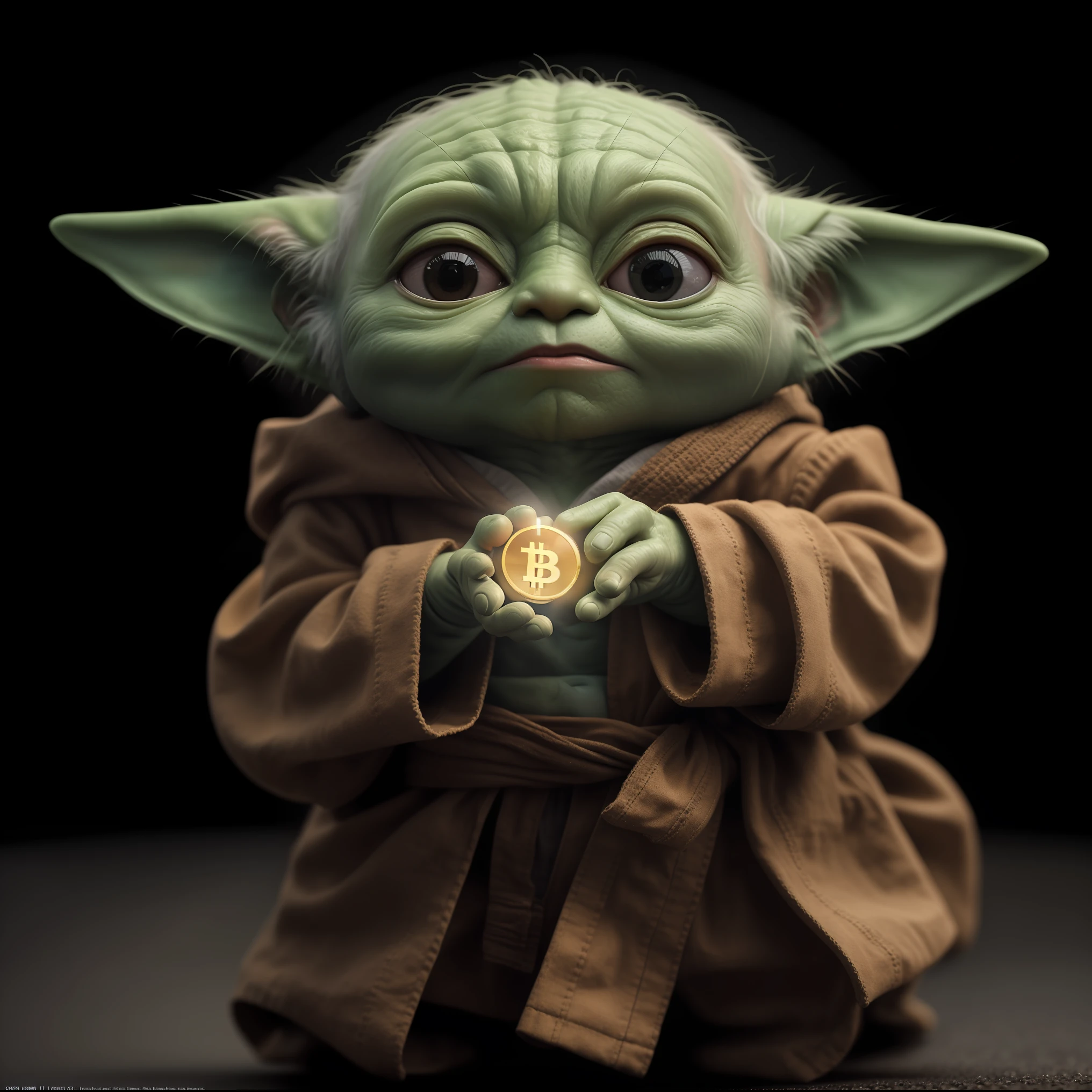 (Extremely detailed CG unity 8k wallpaper, masterpiece, best quality, ultra-detailed), baby yoda sitting in the dark holding a bitcoin coin in his hands, (semi-silhouette lighting: 1.1), (raytracing: 1.1), (CryEngine: 1.1), (skin detail: 1.1), (photorealistic: 1.1)