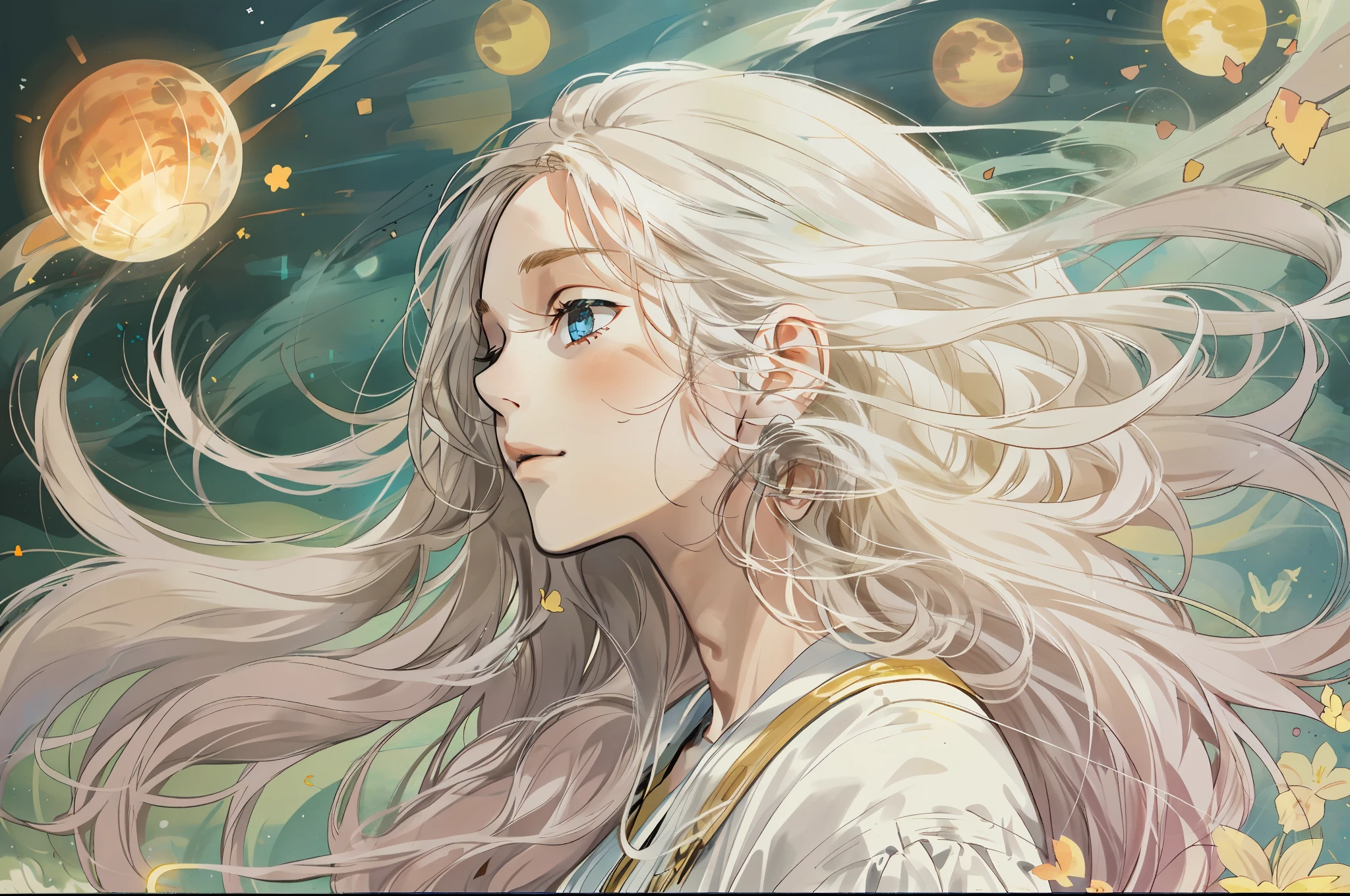 1gril，With his eyes closed，long whitr hair，Floating hair，There is a solar disk behind him，floating in air，illustration，tmasterpiece，Amazing work