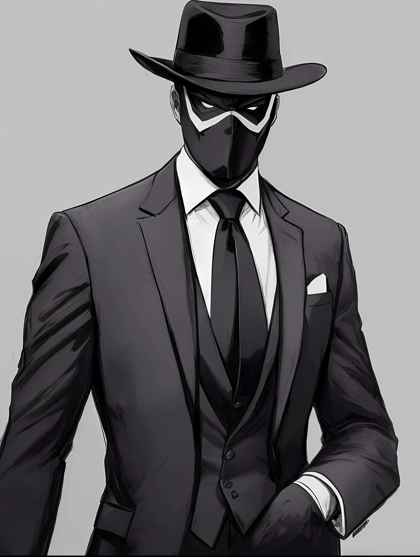 Painting of a man in suit and tie with a black mask, Personagem sombrio e sinistro, terno escuro, desenhado em um estilo neo - noir, homem magro, pessoa sem rosto escura, Homem de preto, magro, anthropomorphic silhouette, Scary black figure standing, por Chip Zdarsky, sozinho, hand in pocket