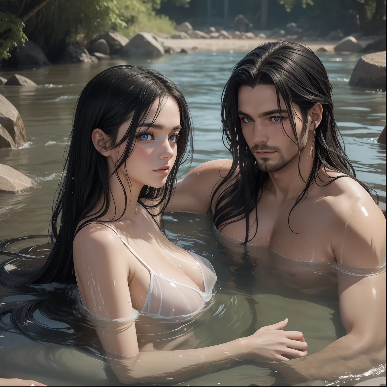 Couple bathing in the river together, half body submerged, woman, black hair, long wavy hair, wet hair, blue eye, man, black hair, short hair, gray eye, no beard, no shirt, holding her breast