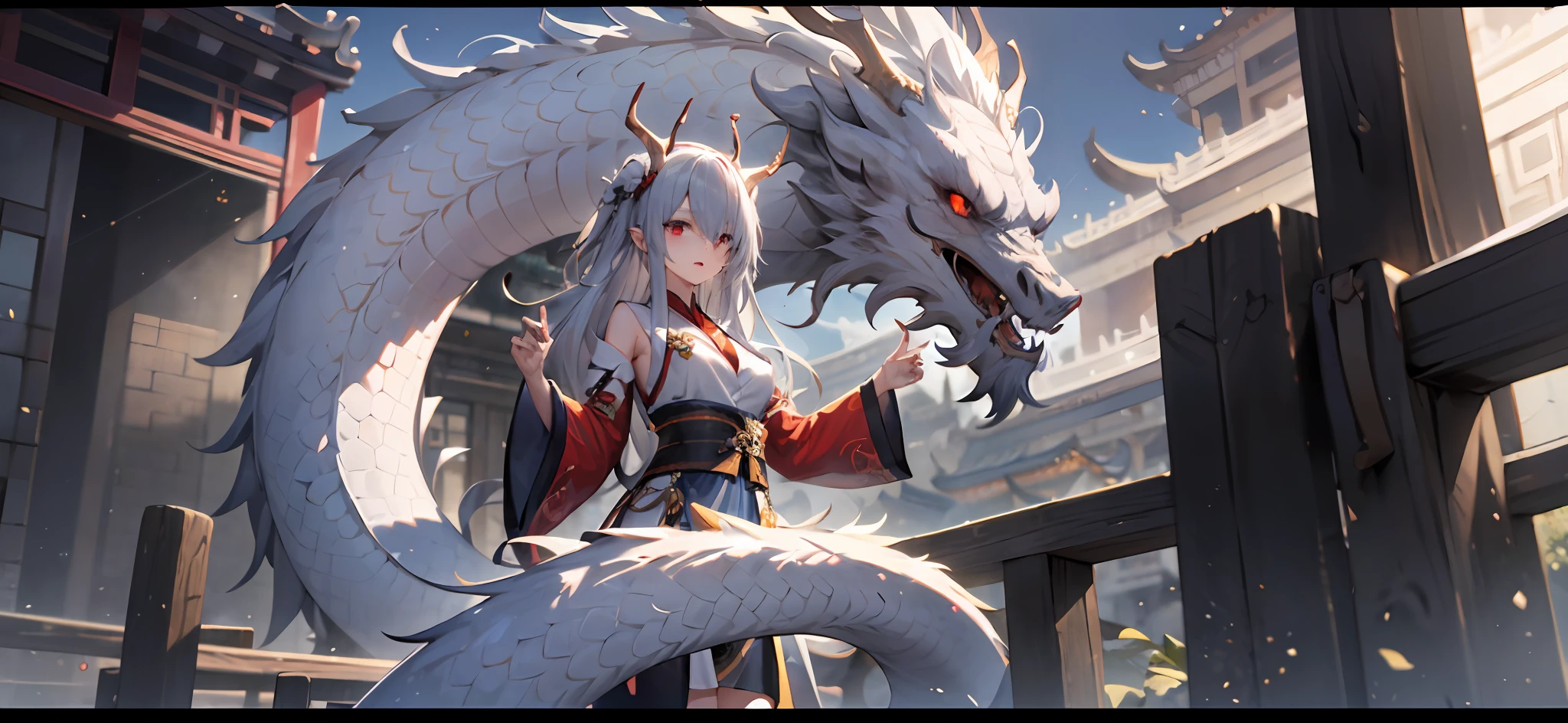 1girl, silver hair, long hair, straight hair, red eyes, hair over one eye, Chinese dragon horns, hanfu, sleeves folded up, medium breasts, there is a chinese white dragon in the background, motion lines, ray tracing, god rays, super detail, UHD, anatomically correct, masterpiece