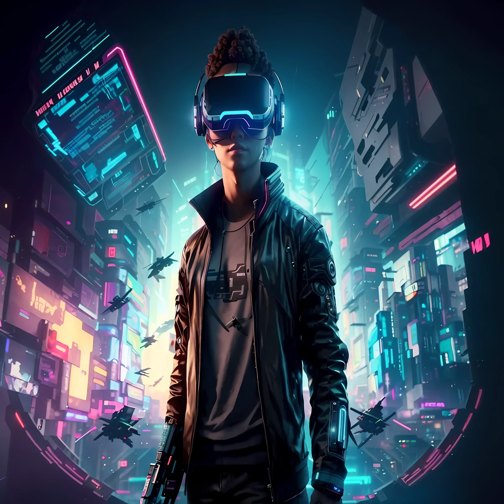 a man in a black jacket and glasses stands in front of a futuristic city, vr game, cyberpunk vibe, cyberpunk vibes, deeper into the metaverse we go, has cyberpunk style, cyberpunk theme, in cyber punk 2077, cyberpunk futuristic, cyberpunk future, synthwave, wearing cyberpunk streetwear, futuristic cyberpunk, cyberpunk tech, retro cyberpunk, synthwave style