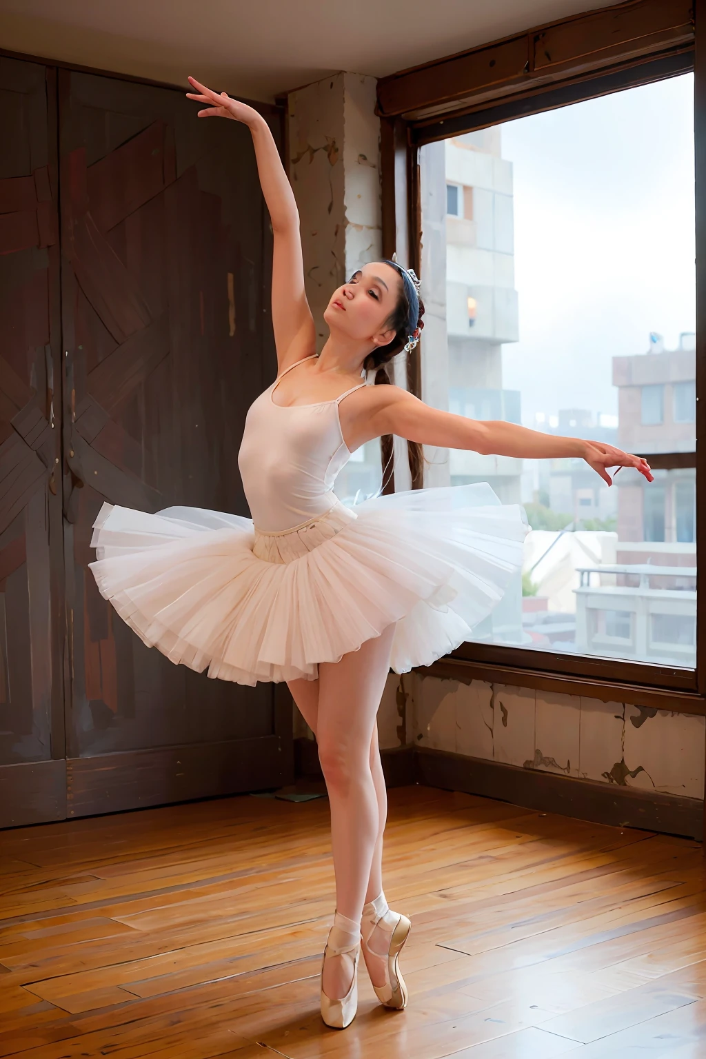 japanes、kindly smile、Ballet dancer posing for ballet、In the studio、Wearing a ballet dress、Good hands、4K、hight resolution、​masterpiece、top-quality、cap:1.3、((Hasselblad photo))、Fine-grained skin、Sharp focus、(film like)illuminating)、Soft lighting、dynamic ungle、[:(A detailed face:1.2):0.2]、mideum breasts、