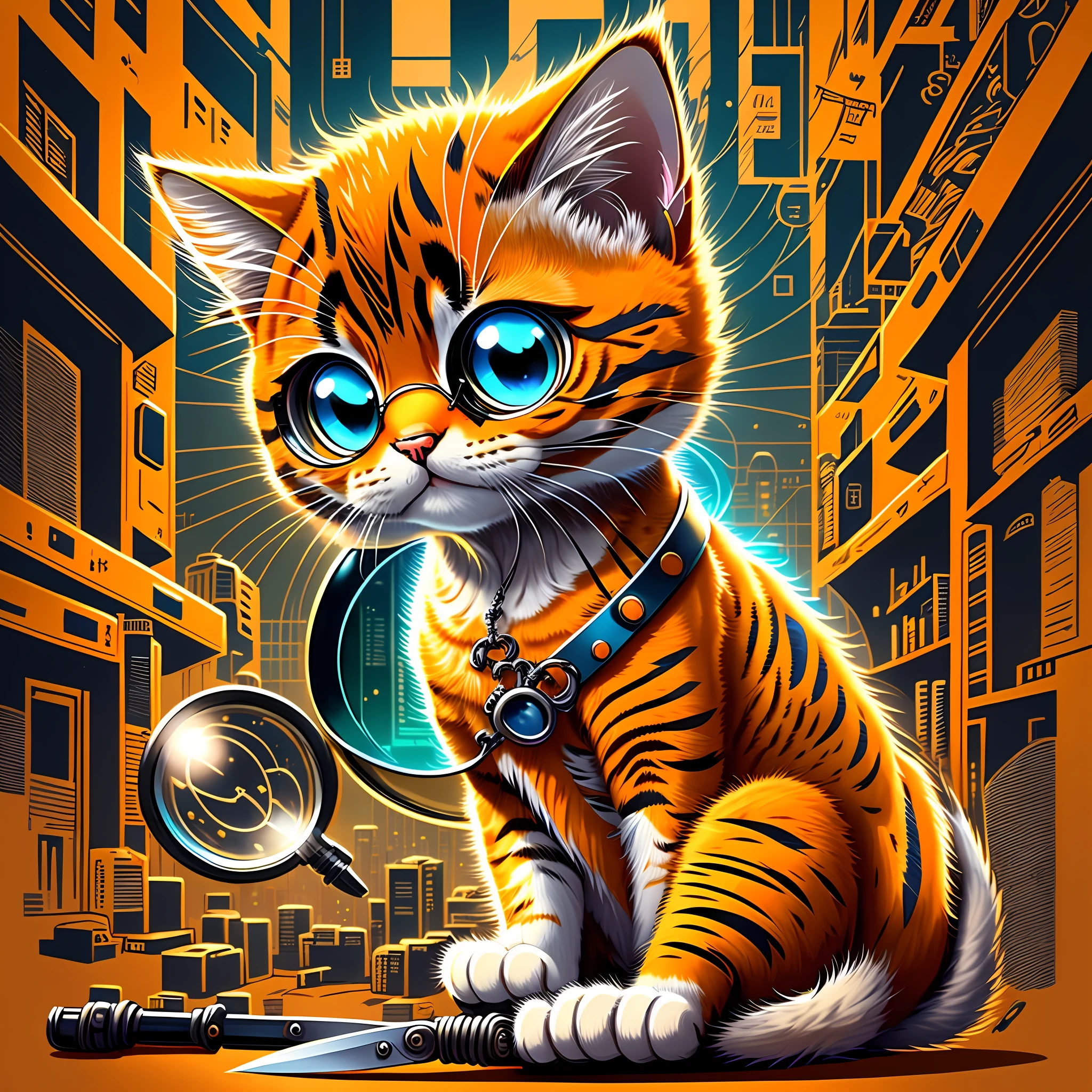 a cat with a magnifying glass and a knife, cyberpunk cat, world head kitten, cat design, mascot illustration, cute detailed digital art, cute cat t-shirt design, schrodinger's cat, cybercat, anthropomorphic cat, steampunk cat, fox scientist, detective, cat theme logo, orange cat, intellectual cat --auto --s2