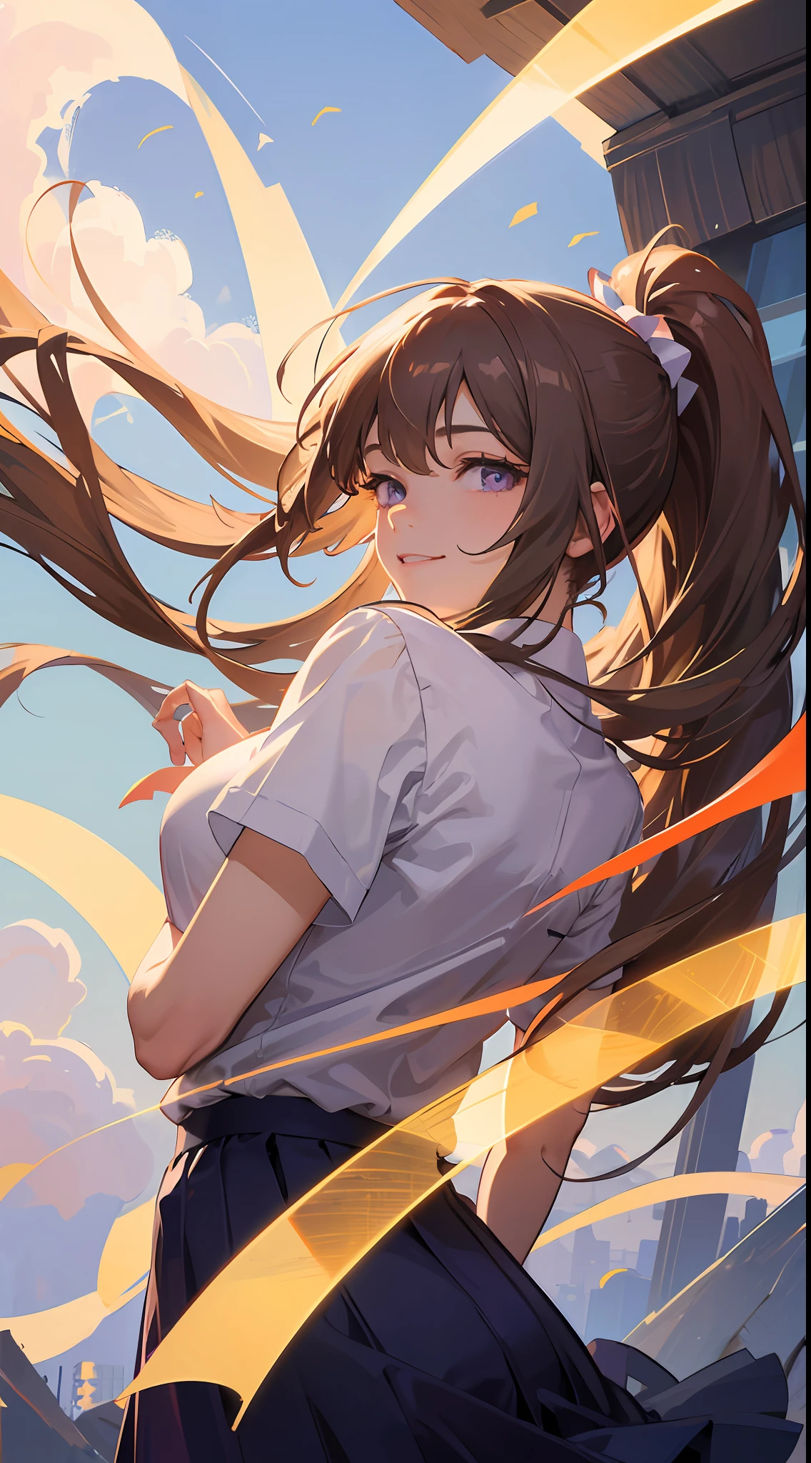 ((masterpiece)), ((best quality)), (ultra-detailed), ((extremely detailed)), 4K, (8K), best quality, (beautiful), anime style, dynamic angle, upper body, look up from below, full body focus, city (((on the summer event ))), town, beautiful sky, daytime, summer, a cute girl, 1girl, solo, ((wearing school uniform)), beautiful light brown hair, beautiful purple eyes, ((beautiful eyes)), white-skinned, ponytail, transparent hair, translucent hair, large breast, smile, lens flare, wind effect