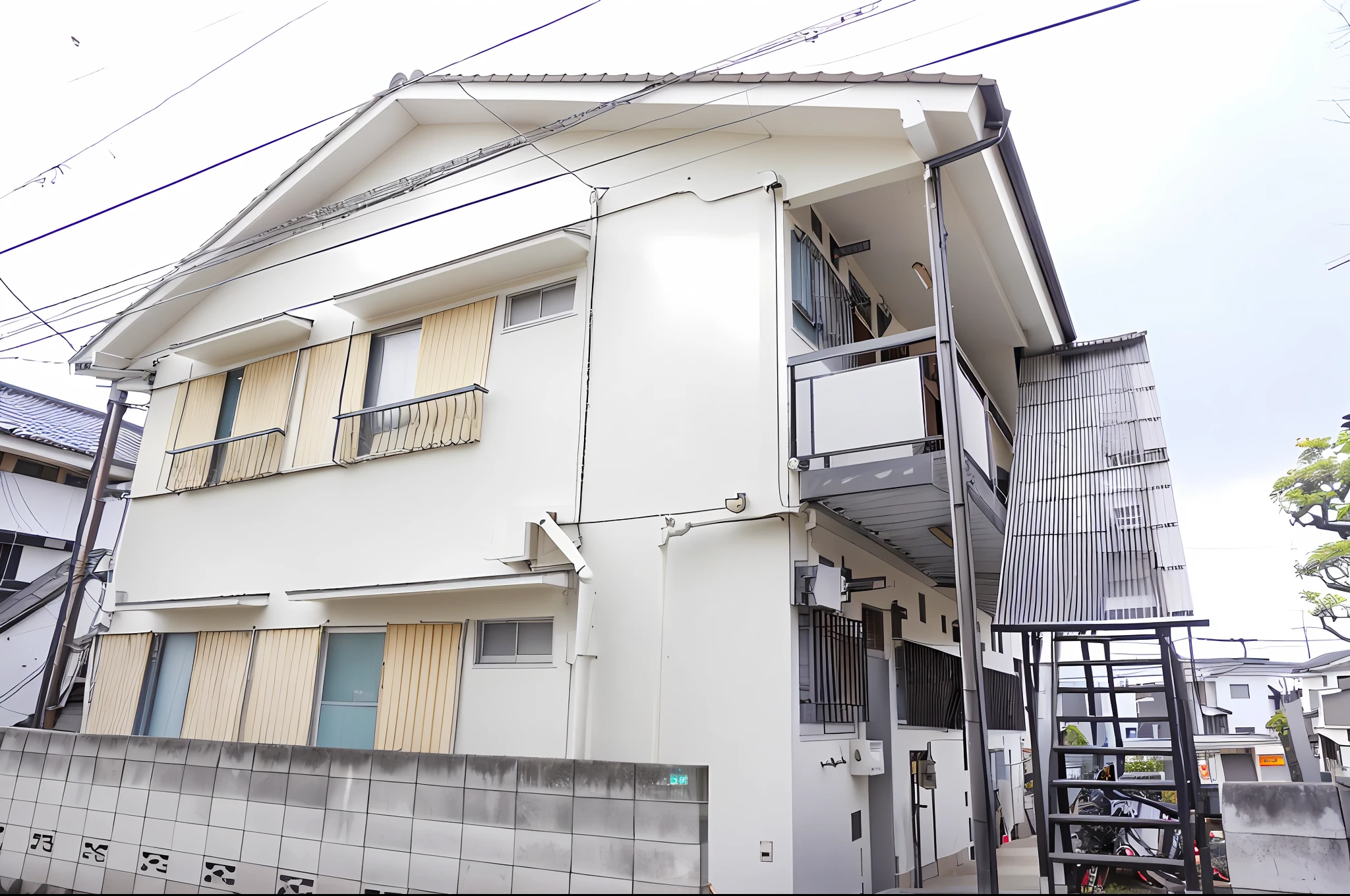 There is a white building.、The stairs are going up, Japanese houses, Residential area, outside view, front side, full building, hironaka, a wide full shot, in a japanese apartment, japanese neighborhood, Outside view, front-facing view, Complete House, one house, full device, taken with sigma 2 0 mm f 1. 4, single building