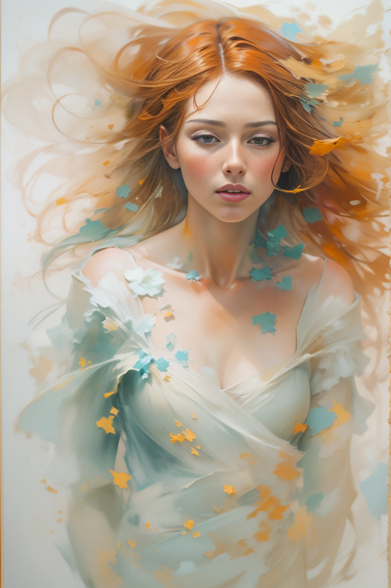 (incomplete painting), white background, oil painting with visible impressionistic strokes of a beautiful ginger woman, dynamic pose, abstract background, impressionistic style, (impressionism:1.1) soft pastels, tetradic colors, upper body shot, zoomed, emotionally evocative, expansive strokes, atmospheric, dynamic, dramatic, best quality, best resolution