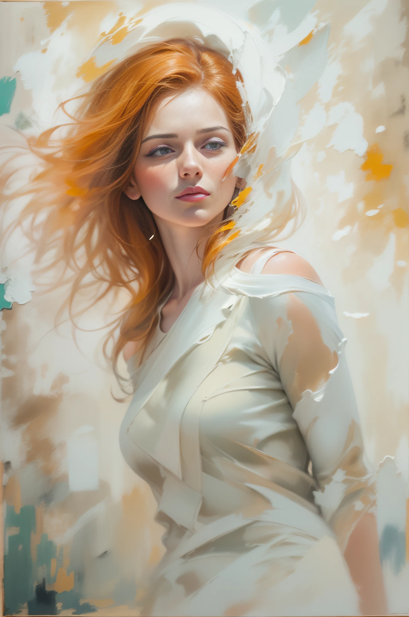 (incomplete painting), white background, oil painting with visible impressionistic strokes of a beautiful ginger woman, dynamic pose, abstract background, impressionistic style, (impressionism:1.1) soft pastels, tetradic colors, upper body shot, zoomed, emotionally evocative, expansive strokes, atmospheric, dynamic, dramatic, best quality, best resolution