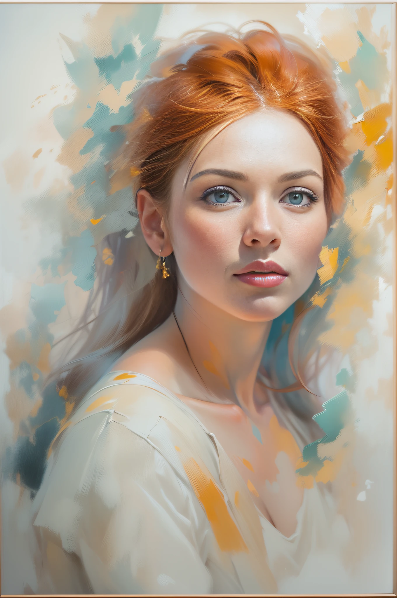 (incomplete painting), white background, oil painting with visible impressionistic strokes of a beautiful ginger woman, dynamic pose, abstract background, impressionistic style, (impressionism:1.1) soft pastels, tetradic colors, upper body shot, zoomed, emotionally evocative, expansive strokes, atmospheric, dynamic, dramatic, best quality, best resolution