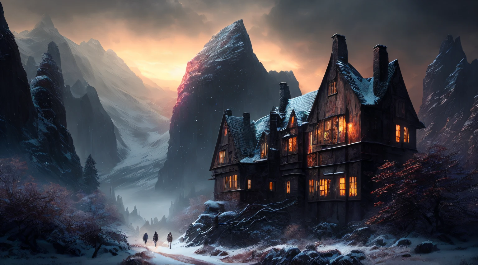 ((night)), winter, scottish medieval castle, dark fantasy, dark night atmosphere, dark atmosphere, night ambient, foggy atmosphere, a painting of a meandering snow in a mountain valley, trending on artstation, sharp focus, studio photo, intricate details, highly detailed, by greg rutkowski, a comic book panel by jeffrey smith, featured on deviantart, american scene painting, dc comics, marvel comics, concept art, perfect composition, beautiful detailed intricate insanely detailed octane render trending on artstation, 8 k artistic photography, photorealistic concept art, soft natural volumetric cinematic perfect light, chiaroscuro, award - winning photograph, masterpiece, oil on canvas, raphael, caravaggio, greg rutkowski, beeple, beksinski, giger, centered, symmetry, painted, intricate, volumetric lighting, beautiful, rich deep colors masterpiece, sharp focus, ultra detailed, in the style of dan mumford and marc simonetti, astrophotography
