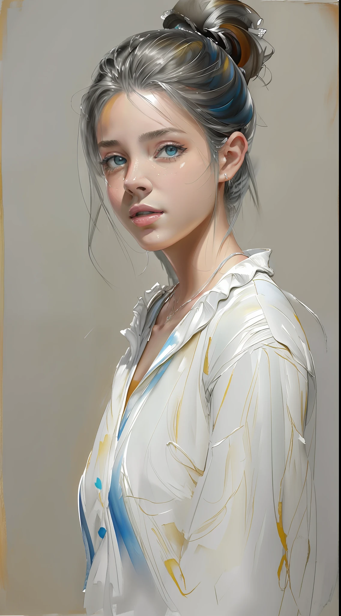 Standing character, mulher, vestindo terno, (Oil painting style 1.2), (fundo branco 1.4), (respingos de tinta 0.8), melhor qualidade), (obra-prima:1.1), (respingos de tinta), ((aquarela)), semi-realista, Ultra Detalhado, highes definition, obra prima