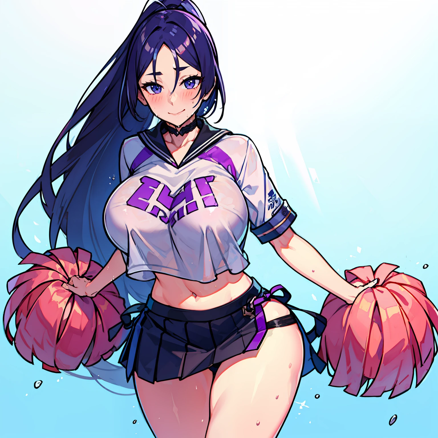 maternal smile, blushing, Pompones, uniform, crop top, midriff skirt, miniskirt, crop top overhang, clothes lift, large, sweat, thick thighs, (huge chest 1.5), cheerleader uniform, wet clothes, semi-transparent clothing, erect nipple under clothes, high ponytail, visible underwear, micro thong, (high thong), (standing on one leg), masterpiece, best quality,  Very detailed