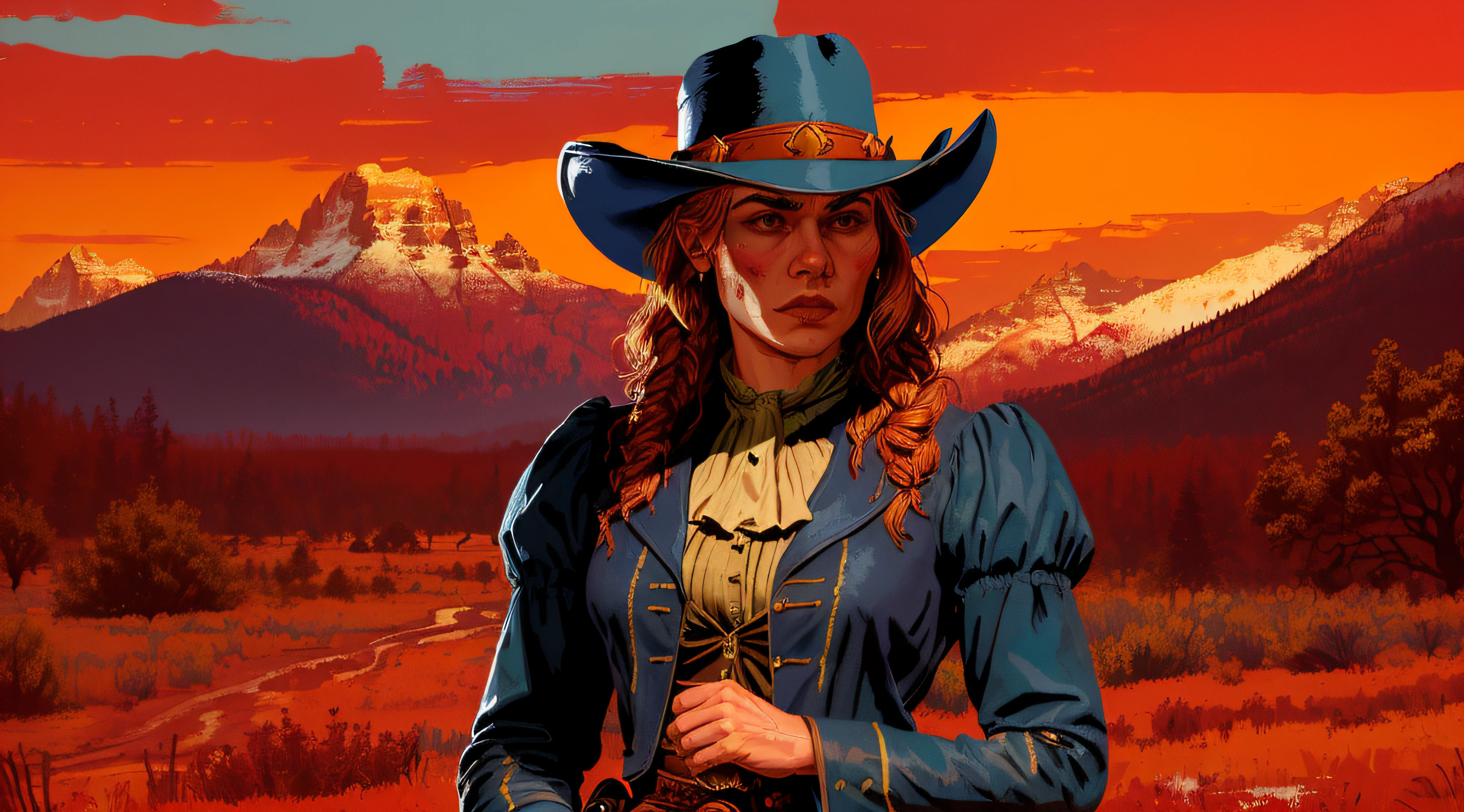 (sadie adley:1.2),(red dead 2:1.2),(olhando deitado em rochas no alto das montanhas muito triste),(cowboy hat:1.1),(jaqueta marrom),(camisa azul:1.1),(dim sky),(early sunset),(floresta ao longe)