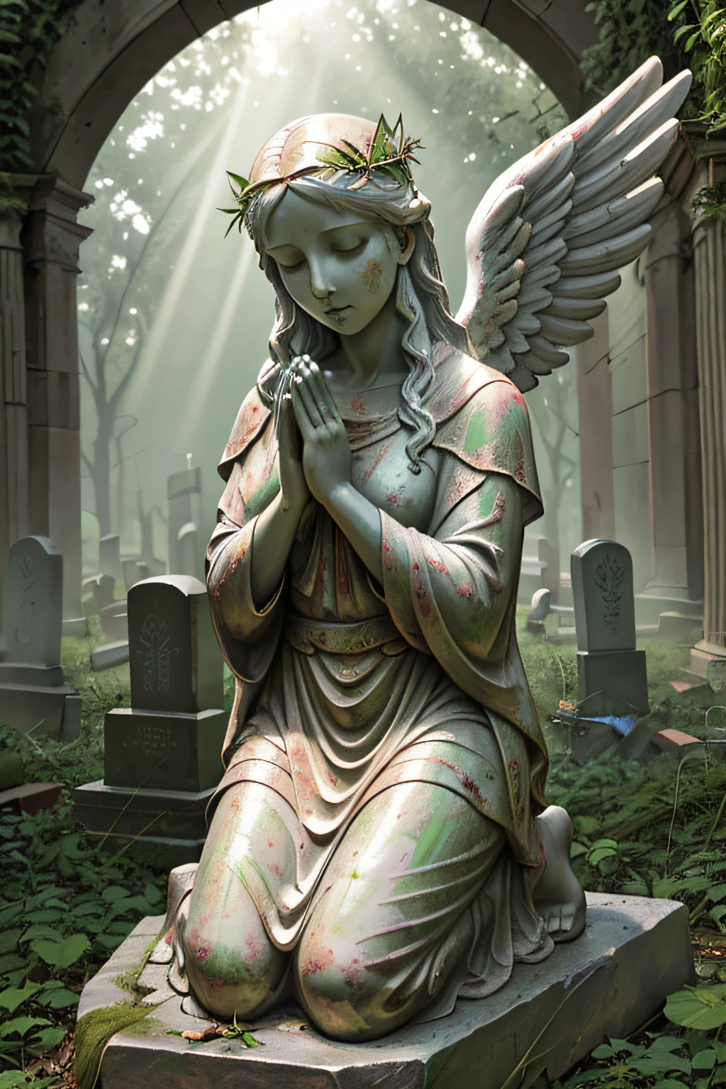 [angel statue on a postament:angel:0.2], praying woman stone statue, [hands closed in prayer], [(angelic wings), robe::0.2], [[overgrowth vegetation]:((overgrowth vegetation)):0.2], serene beautiful face, [overcast sky, god rays:(god rays):0.4], [deserted graveyard ruins, forsaken monastery, forged fence:broken gravestones, (crumbling ruins), (desolation):4], raw photo, Fujifilm XT3, Canon EOS R5, sharp focus, depth of field, [pale colors:ultra detailed, high contrast:0.4]