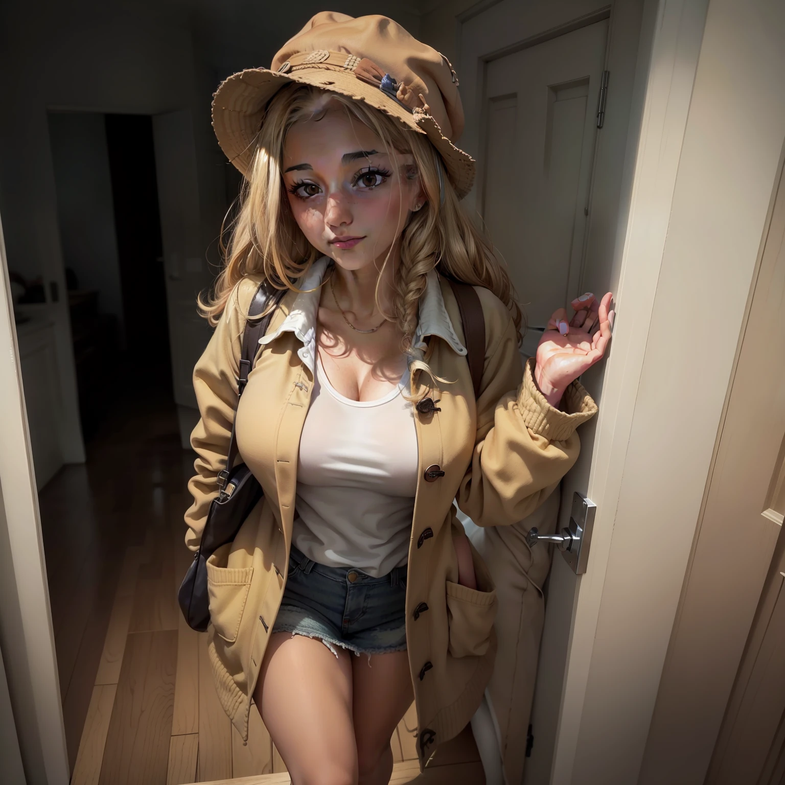 a woman standing on a step with a coat in, vestindo um casaco longo de trincheira BEGE, pelagem longa, usando um casaco longo, Woman is in a trench, BEGE, casaco, usando um casaco espanador, casaco com muitos bolsos, pelagem marrom clara, vestindo um casaco branco de inverno, usando um trenchcasaco, trenchcasaco marrom claro, casaco