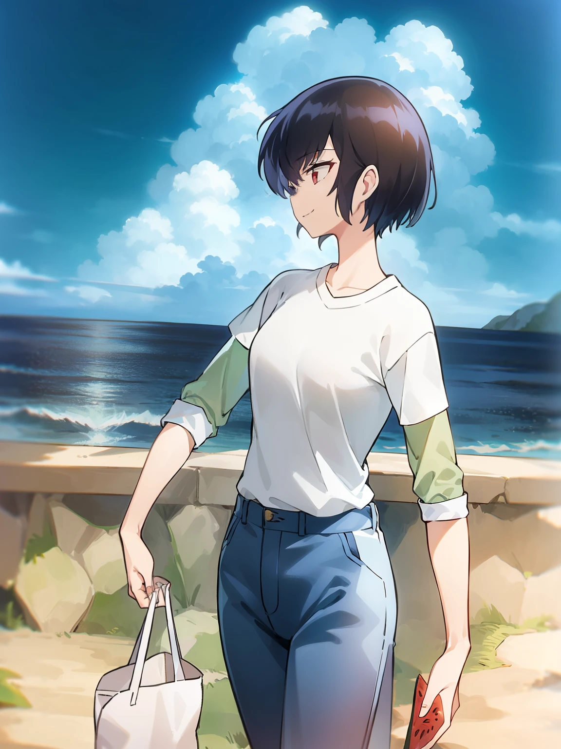 Girl in white shirt and jeans、Girls have short hair、Eating watermelon、healthy、Landscape with sea、a smile