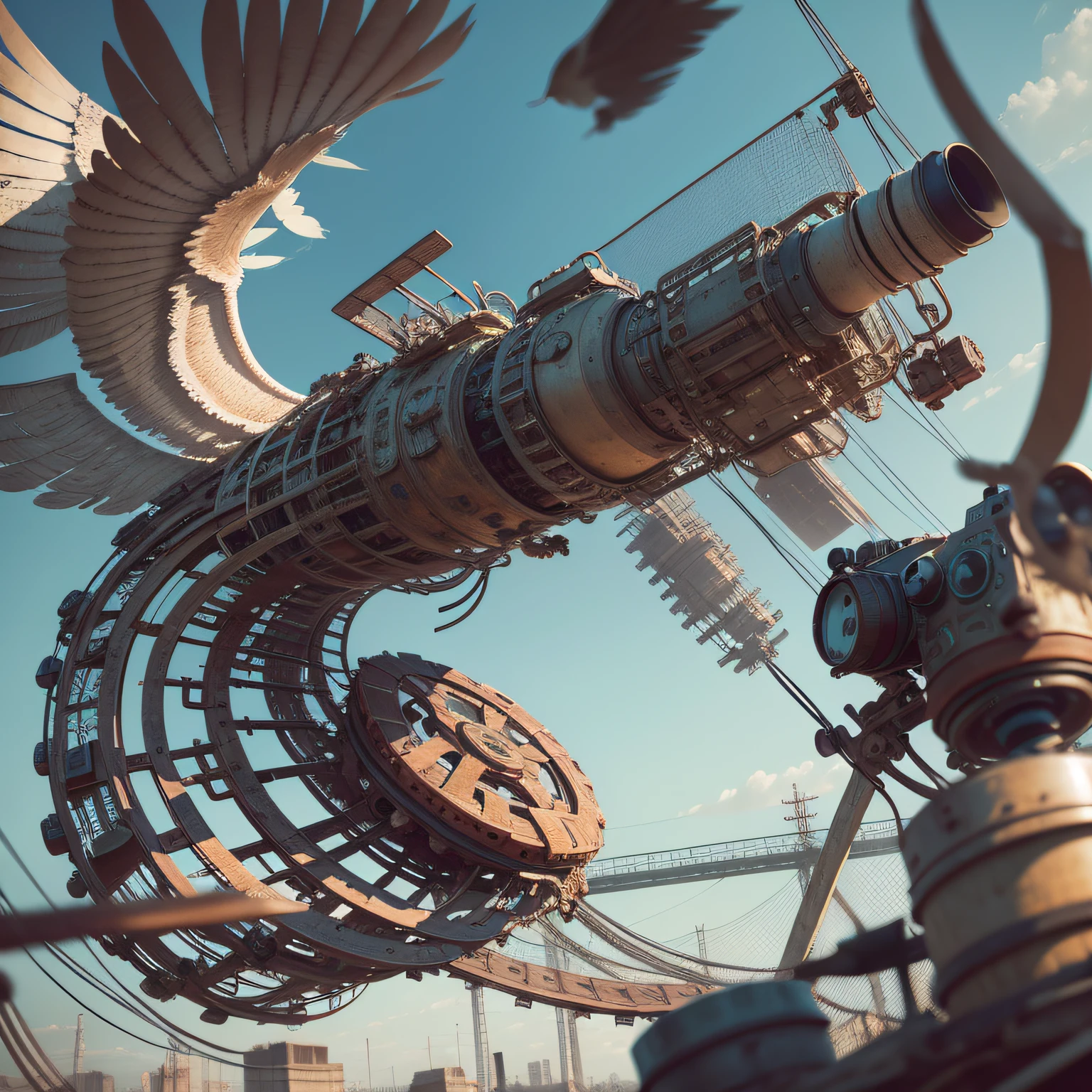 a heavily distorted, fading late morning clear sky, a singular object comprised of contorted feathers/machinery/pipes/rusted components is floating in the air, extra detail, 4kHD details, best resolution, surrealistic composition, extreme camera angle, motion blur, depth of field, foreshortening, tilted camera angle, cinematic lighting, movie scene