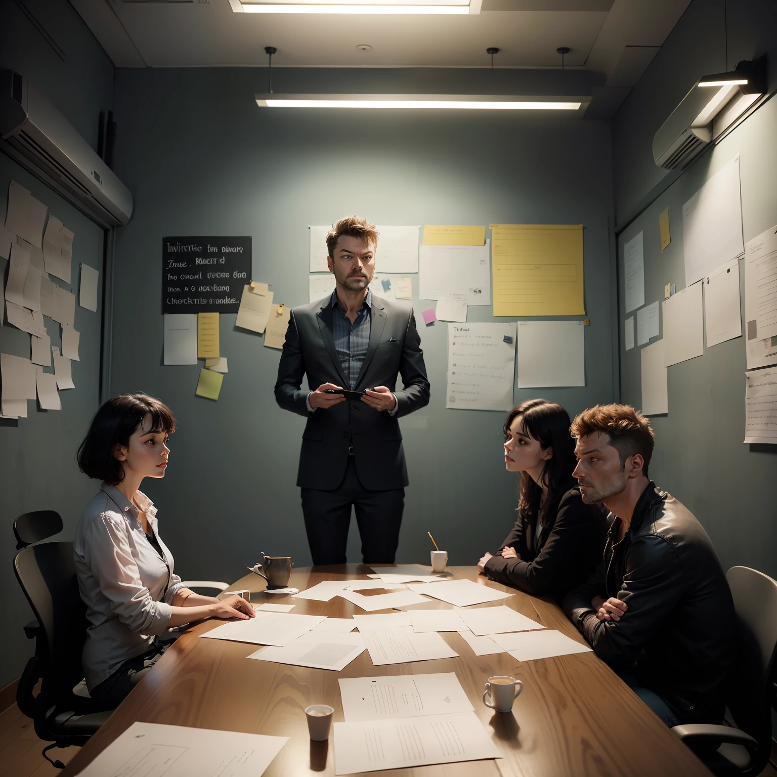 "Ilustre Charlie Brooker em uma sala de roteiristas, discussing innovative ideas for 'Black Mirror' episodes, with a board full of post-it notes and notes, revealing your brilliant mind and your ability to create engaging stories."