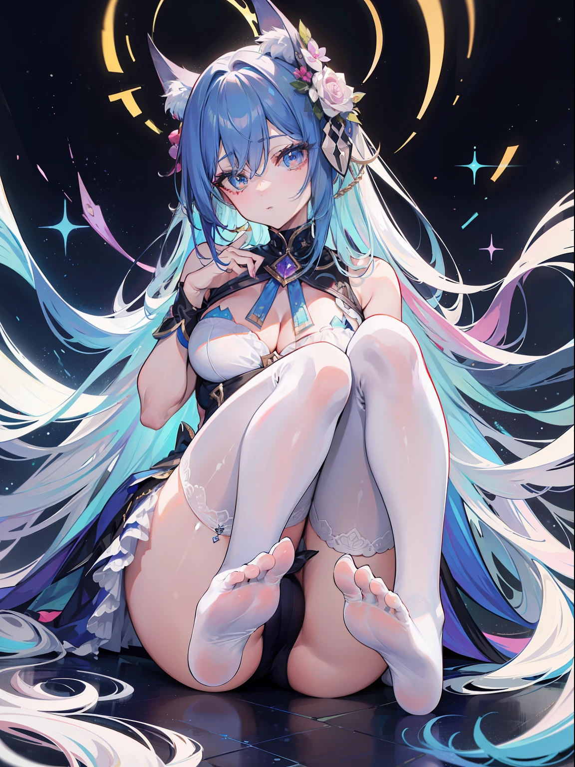 （tmasterpiece，top Quority，best qualtiy，offcial art，Beauty and aesthetics：1.2），（1girll），extremedetailed，rich colourful，highest details，offcial art，Unity 8k壁纸，ultra - detailed，Beauty and aesthetics，big breasts beautiful，tmasterpiece，best qualtiy，Flash drawings，PerfectNwsjMajic，full bodyesbian，（soles of feet），（little breast），（White stockings）