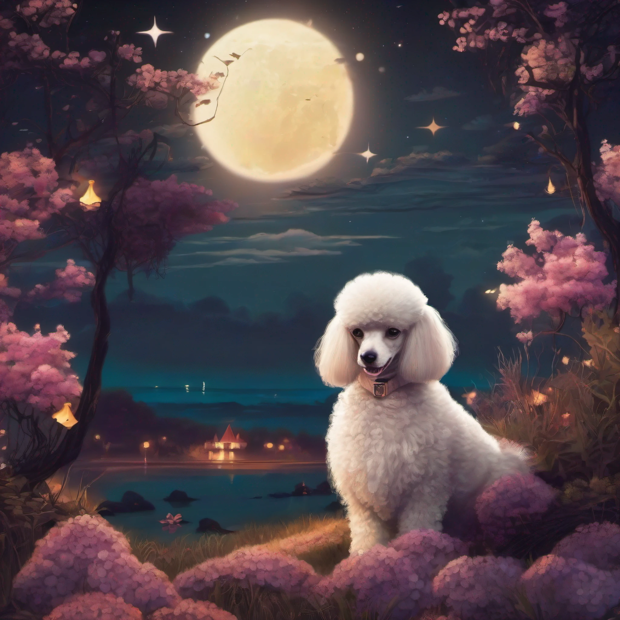 Uma coruja + um poodle+ uma paisagem a noite
