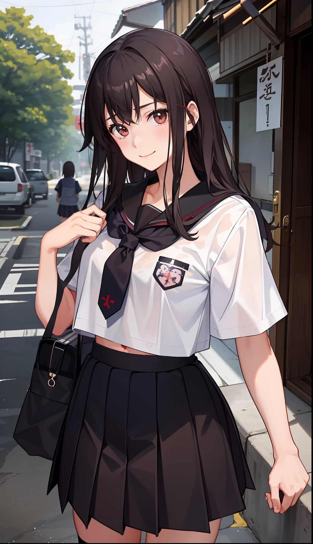 1girl in、A smile、The shirt、skirt by the、(small tits)Chilarism、Japan High School Student Uniform、serafuku、summer clothing、Squall Drenched Uniform、(Transparent bra chira)、Upper body portrait、