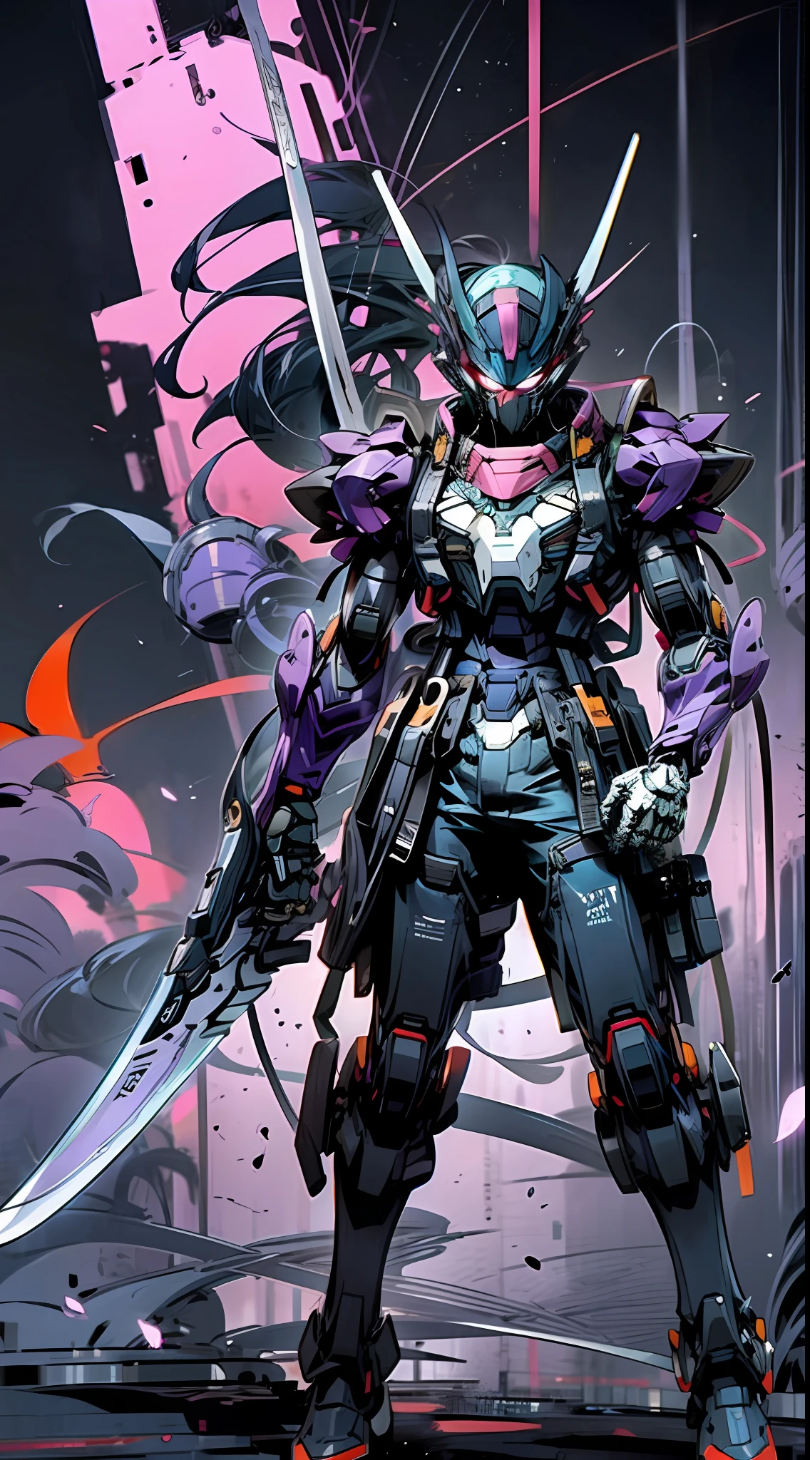 Raw foto,Dark_Fantasy, Cyberpunk, (Big Revolver, Sword Man, Violet: 1.1), 1man, Mechanical Wonder, Robotic Presence, Cybernetic Guardian, indigo, black, samurai Gundam, extremely high detailed, half-body, purple cobra, purple Gundam, venom,