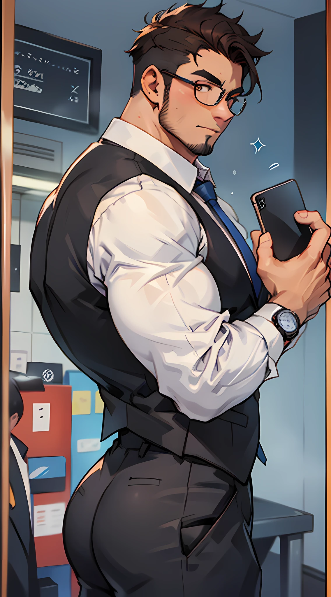 Masterpiece, ultra-high definition, detailed background, HYPERMUSCLE, big big hot muscle giant male, huge pectoral muscle, huge butt, Hyper Pecs, male only, glass-enclosed office of a major company, smartphone in one hand, employee ID hanging from the neck, employee ID on the chest, office worker, businessman, black-framed glasses, business suit, tight business Jacket, tight and thin business slacks, tight and thin white long-sleeved shirt, tight suit vest, tie, suspenders, business shoes, luxury watch, men's socks, big muscle, huge body, hyper muscle, masculinity, 35 years old, mature man with dark hair and dark eyes, handsome, well-dressed, beautiful muscles, complex and elegant, muscled man, beard, sideburns, facial hair, cropped short hair, male focus, big ass, big Pectoralis major muscle, shiny oily skin, tanned skin,