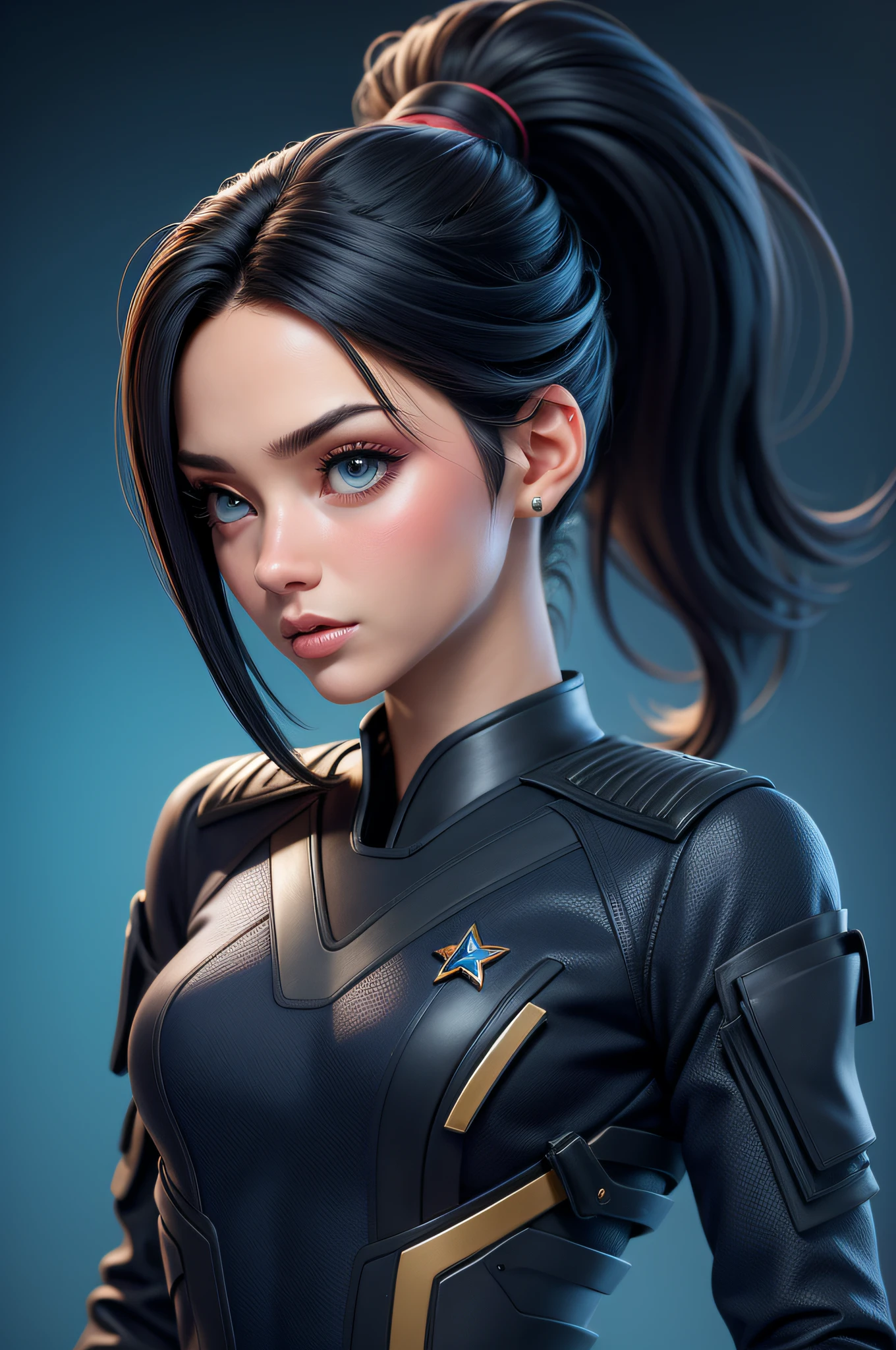 1girl, star trek, solo, pelo largo, ponytail, tight suit, mirando al espectador, fondo azul, cabello negro, fondo simple, dos lados hacia arriba, ojos azules, labios, boca cerrada, cinta, cinta de pelo, flequillo, parte superior del cuerpo, flequillo partido, cinta negra,