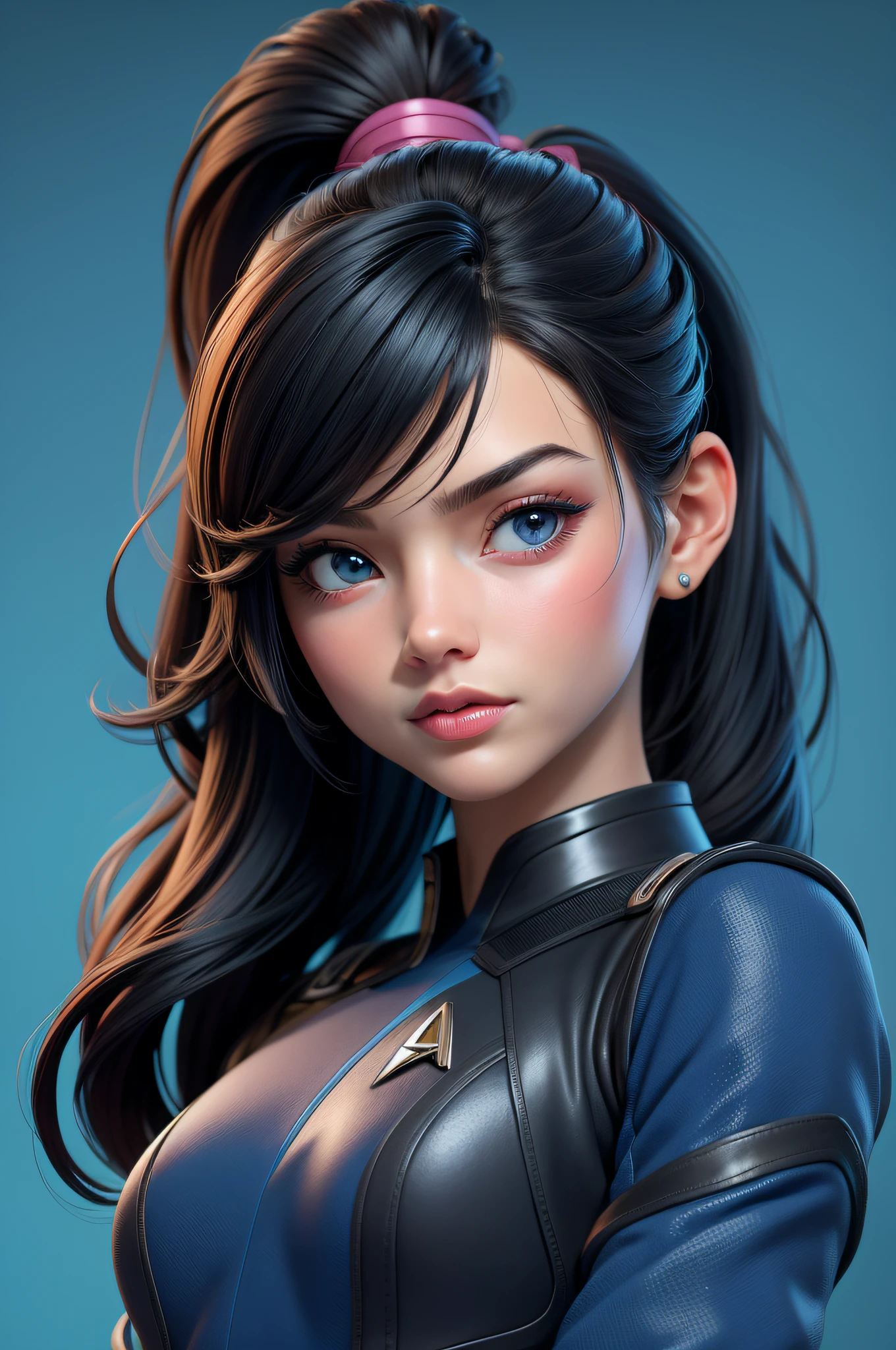 1girl, star trek, solo, pelo largo, ponytail, tight suit, mirando al espectador, fondo azul, cabello negro, fondo simple, dos lados hacia arriba, ojos azules, labios, boca cerrada, cinta, cinta de pelo, flequillo, parte superior del cuerpo, flequillo partido, cinta negra,