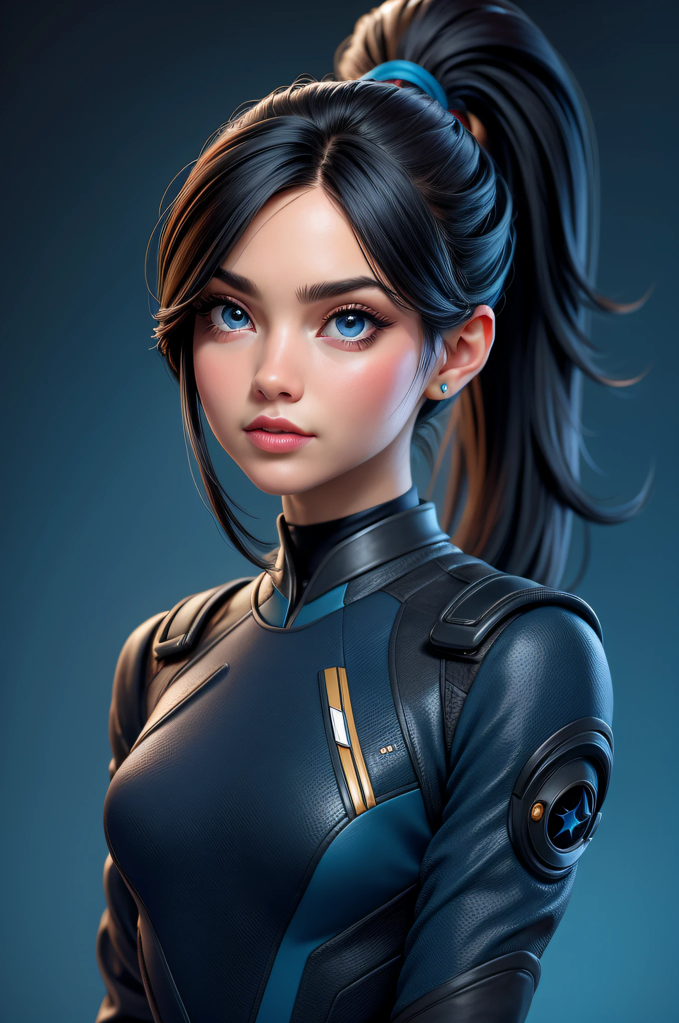 1girl, star trek, solo, pelo largo, ponytail, tight suit, mirando al espectador, fondo azul, cabello negro, fondo simple, dos lados hacia arriba, ojos azules, labios, boca cerrada, cinta, cinta de pelo, flequillo, parte superior del cuerpo, flequillo partido, cinta negra,
