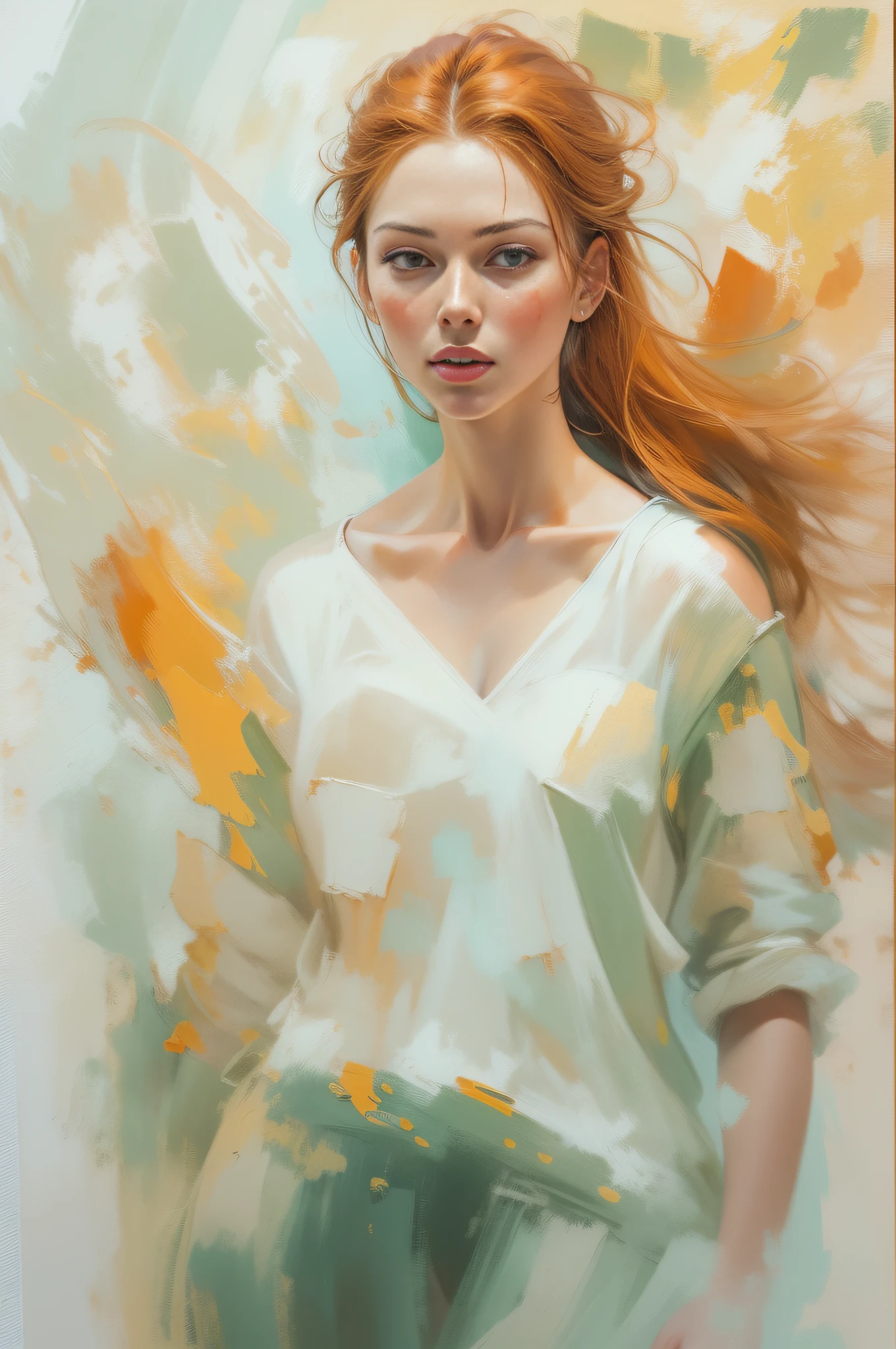(Incomplete painting), White background, Oil painting with visible impressionist brushstrokes of a beautiful ginger woman, Dynamic pose, abstract backgrounds, Impressionistic style, (Impressionism:1.1) muted pastels, Four colors, upperbody shots, zoomed, Emotionally evocative, Extend strokes, Atmospheric, Dynamic, Dramatic, Best quality, Best resolution