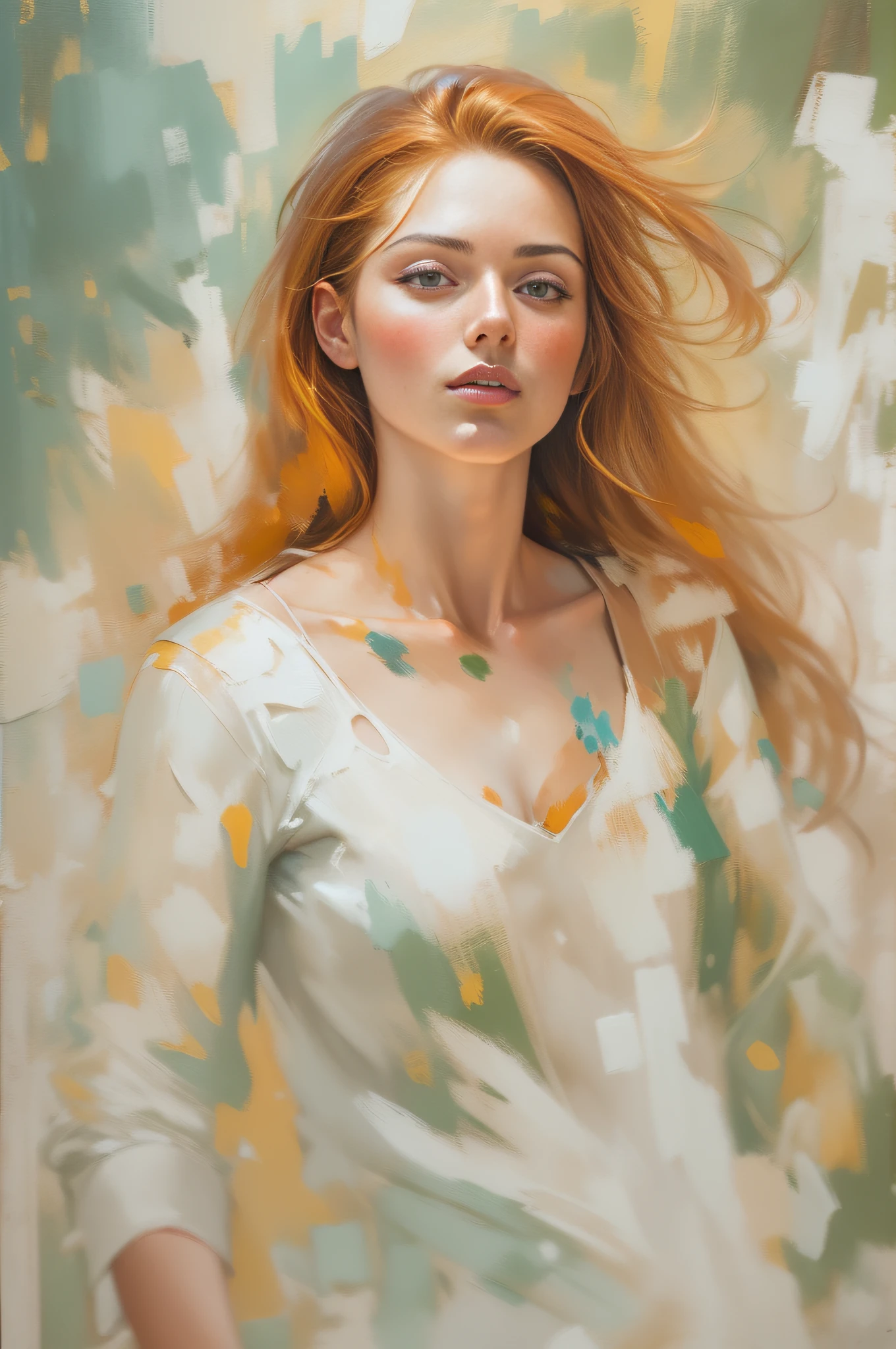 (Incomplete painting), White background, Oil painting with visible impressionist brushstrokes of a beautiful ginger woman, Dynamic pose, abstract backgrounds, Impressionistic style, (Impressionism:1.1) muted pastels, Four colors, upperbody shots, zoomed, Emotionally evocative, Extend strokes, Atmospheric, Dynamic, Dramatic, Best quality, Best resolution