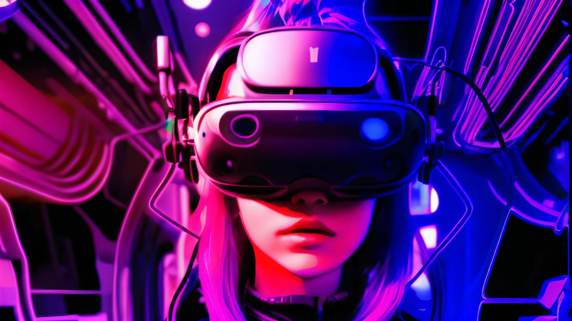 There's a woman wearing a virtual reality headset in a room, estilo cyberpunk hiper-realista, Mais fundo no metaverso vamos, Hybrid style beep blend, menina cyberpunk sonhadora, fone de ouvido cyberpunk, estilo cyberpunk , hiper-realista, bipe. hiper-realismo, cyberpunk vibes, Sala Virtual do Metaverso, cyberpunk with neon lighting, hiper-realidade, cada vez mais cyberpunk
