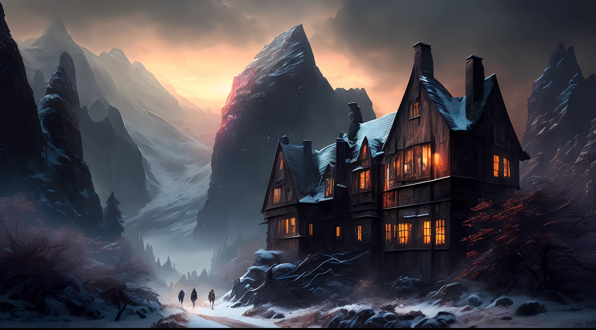 ((night)), winter, scottish medieval castle, dark fantasy, dark night atmosphere, dark atmosphere, night ambient, foggy atmosphere, a painting of a meandering snow in a mountain valley, trending on artstation, sharp focus, studio photo, intricate details, highly detailed, by greg rutkowski, a comic book panel by jeffrey smith, featured on deviantart, american scene painting, dc comics, marvel comics, concept art, perfect composition, beautiful detailed intricate insanely detailed octane render trending on artstation, 8 k artistic photography, photorealistic concept art, soft natural volumetric cinematic perfect light, chiaroscuro, award - winning photograph, masterpiece, oil on canvas, raphael, caravaggio, greg rutkowski, beeple, beksinski, giger, centered, symmetry, painted, intricate, volumetric lighting, beautiful, rich deep colors masterpiece, sharp focus, ultra detailed, in the style of dan mumford and marc simonetti, astrophotography