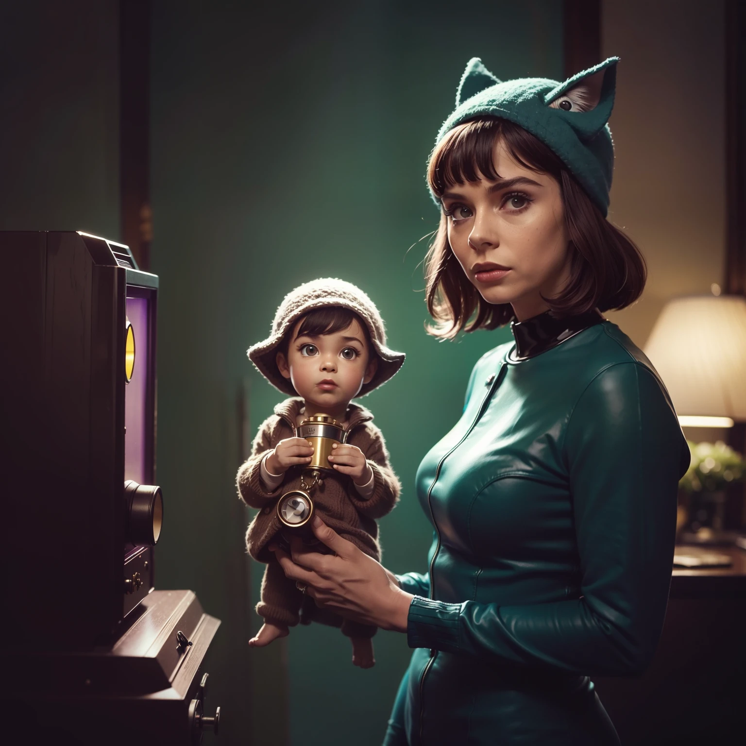 4k image of a 1960s science fiction film by Guillermo del Toro, Film the shape of Water, pastels colors, Young people in animal hats holding a mechanical dog in the city, Retro-futuristic fashion clothes from the 60s with alien ornaments, Luz Natural, Psicodelia, futurista estranho, retro-futurista, photo-realistic, Sharp background details.