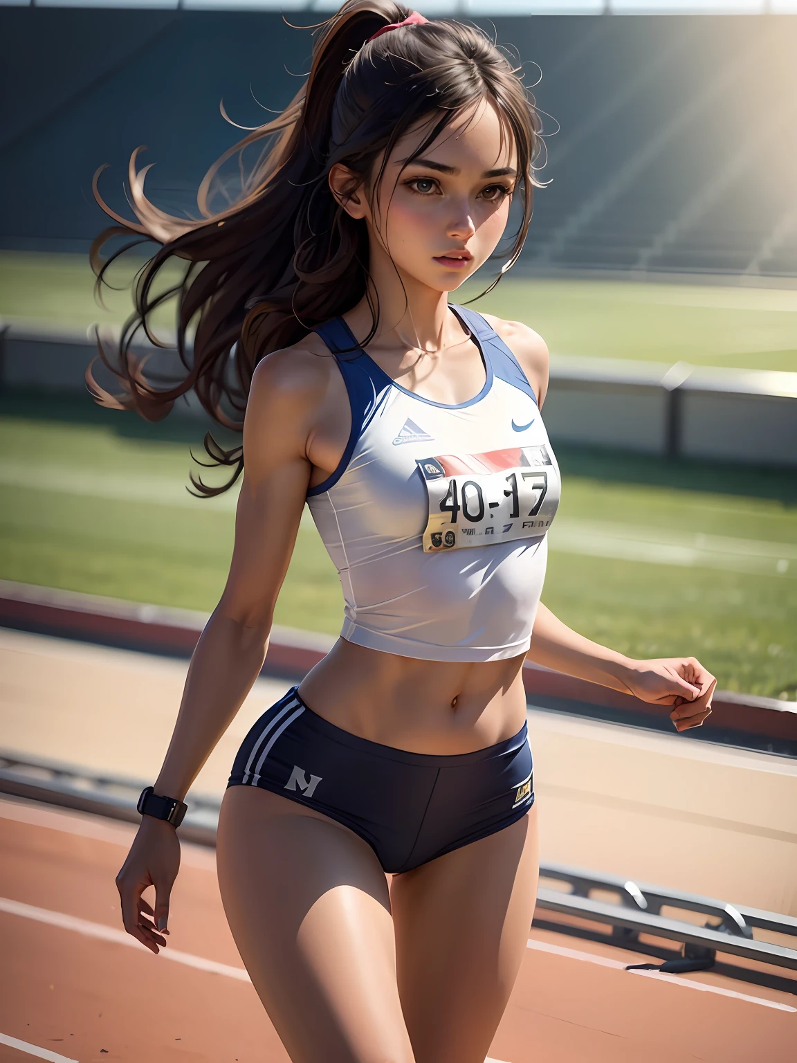 ((,Beautiful Girl, small head)), Daylight, Sunlight, (Perfect body : 1.1), detailed hairs, nice legs, Wearing a track and field uniform,start to running, (Very detailed CG 8k wallpaper), (extremely delicate and beautiful), (masutepiece), (Best Quality:1.0), (Ultra High Resolution:1.0),  Beautiful lighting ,Perfect Lightning, Realistic Shadows, [hight resolution], Detailed skin, Ultra-detailed,track and field