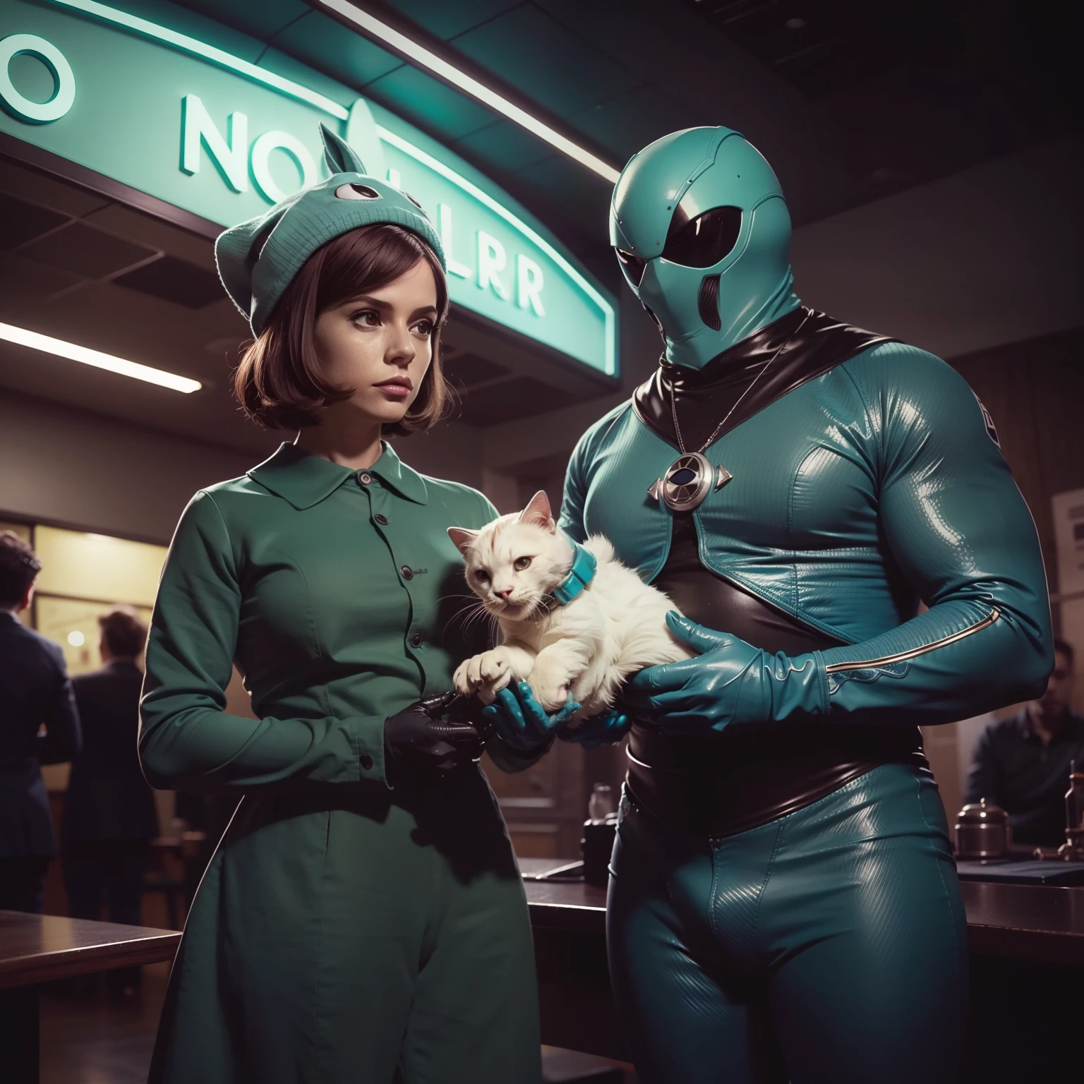 4k image of a 1960s science fiction film by Guillermo del Toro, Film the shape of Water, pastels colors, Young people in animal hats holding a mechanical dog in the city, Retro-futuristic fashion clothes from the 60s with alien ornaments, Luz Natural, Psicodelia, futurista estranho, retro-futurista, photo-realistic, Sharp background details.