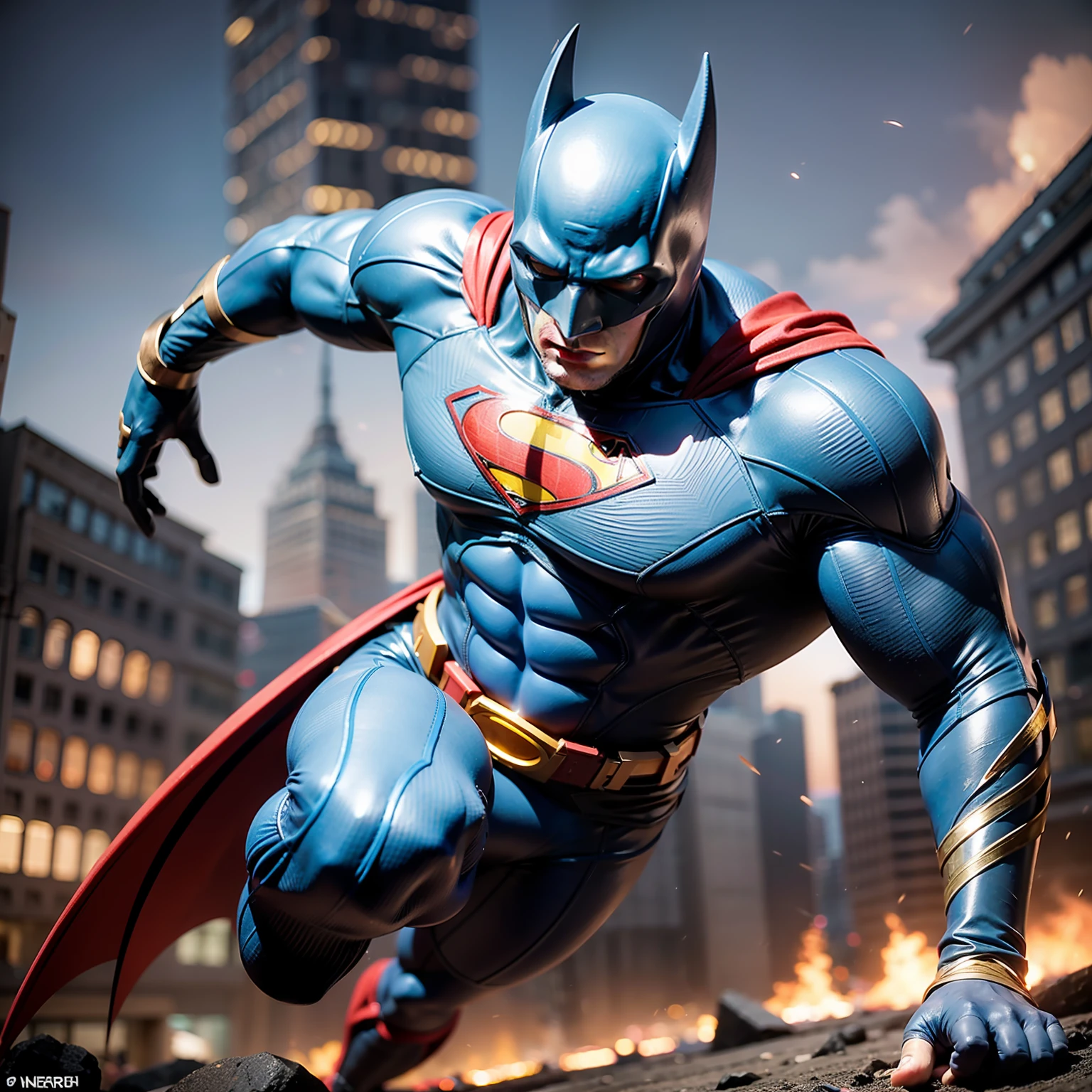 "Create an epic battle scene between Batman and Majin Superman. The moon shines brightly in the night sky, highlighting the two heroes fighting fiercely on the tops of buildings. The surrounding scenery is completely destroyed, with debris flying through the air and flames burning in the streets. Describe Batman's fast and precise movements, as he utilizes his agility and hand-to-hand combat skills to take on Majin Superman's immense strength. Detail also the torn clothes and injuries that both heroes suffer during the battle. Be creative and make this scene as epic and intense as possible!"