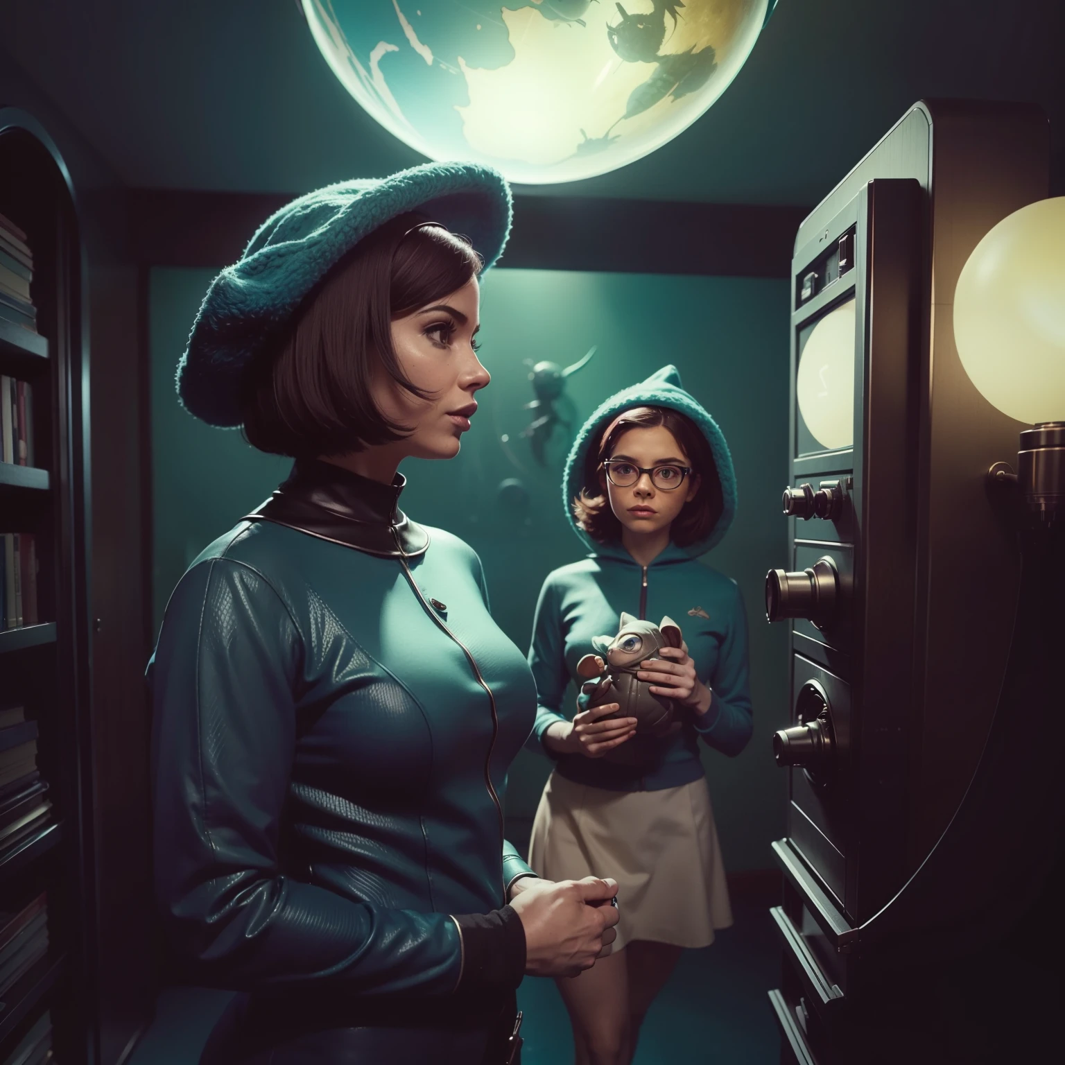 4k image of a 1960s science fiction film by Guillermo del Toro, Film the shape of Water, pastels colors, Young people in animal hats holding a mechanical dog in the city, Retro-futuristic fashion clothes from the 60s with alien ornaments, Luz Natural, Psicodelia, futurista estranho, retro-futurista, photo-realistic, Sharp background details.