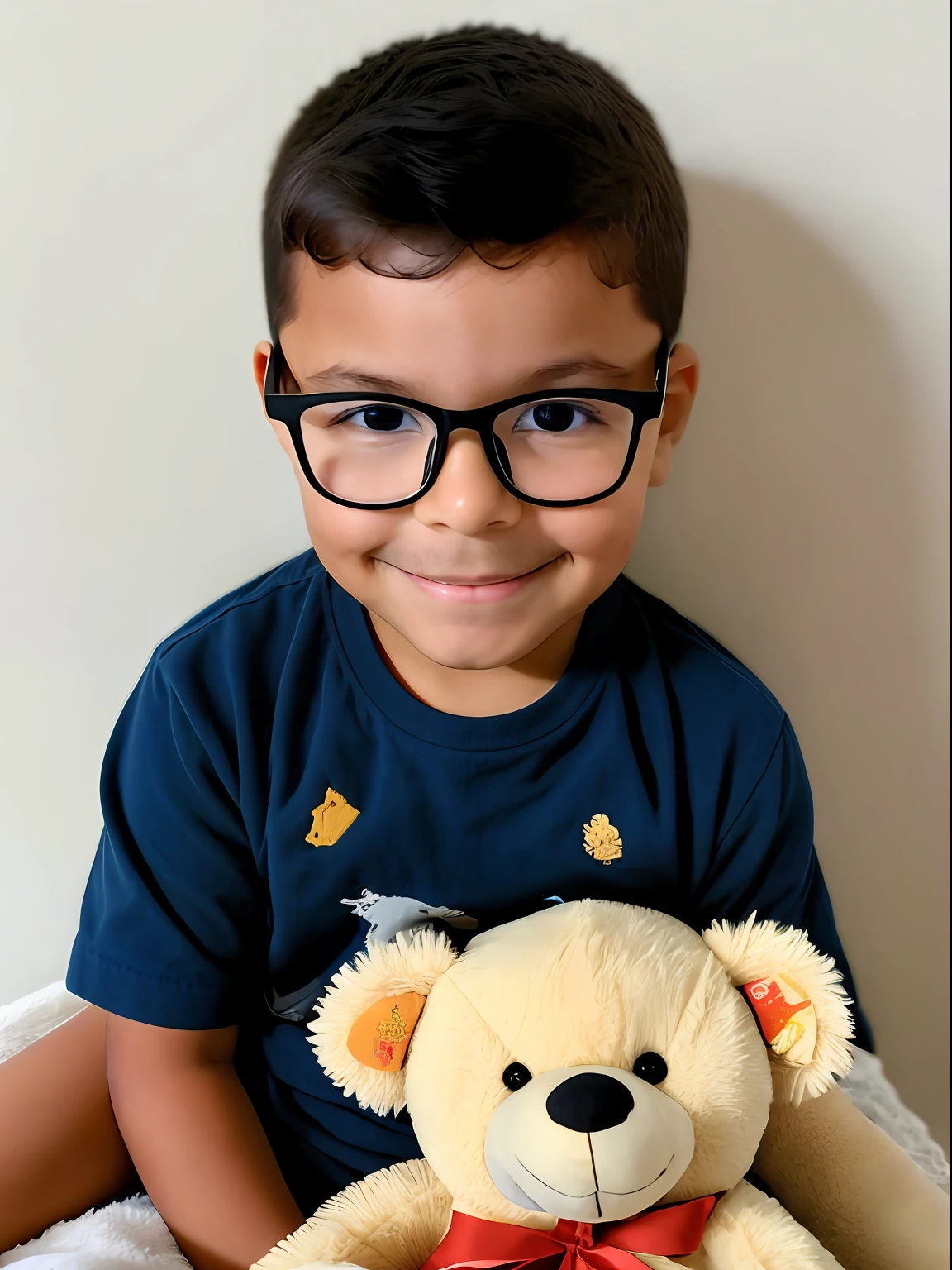 guttonervision8, Create an illustration of a 3-year-old boy wearing glasses, sentado em sua cama, and holding his teddy bear.

Nesta obra de arte emocionante, O menino senta-se confortavelmente em sua cama, his glasses perched on his nose. He looks adorable and endearing, with his innocent expression and curious eyes behind his glasses.

Your beloved teddy bear rests gently in your arms, uma fonte de conforto e companheirismo para o menino. The teddy bear is soft and cuddly, with a friendly smile that mirrors the boy's own happiness.

The atmosphere of the room is warm and inviting, with soothing colors and soft lighting that evoke a feeling of coziness. Brinquedos e livros podem estar espalhados pela sala, aumentando a ludicidade e o charme da cena.

The boy's room should be filled with the imagination and wonder of childhood, creating an atmosphere of comfort and safety.

Intricate details should be used to highlight the boy's characteristics, the texture of your glasses, and the softness of the teddy bear's skin. Shadows and highlights can add depth and dimension to the illustration, Fazendo a cena ganhar vida.

The artwork will be a delightful portrait of a boy at an early age, valuing your favorite teddy bear and embracing the joy and innocence of childhood. It will evoke feelings of warmth, amor, e nostalgia, capturando um momento atemporal de felicidade infantil.