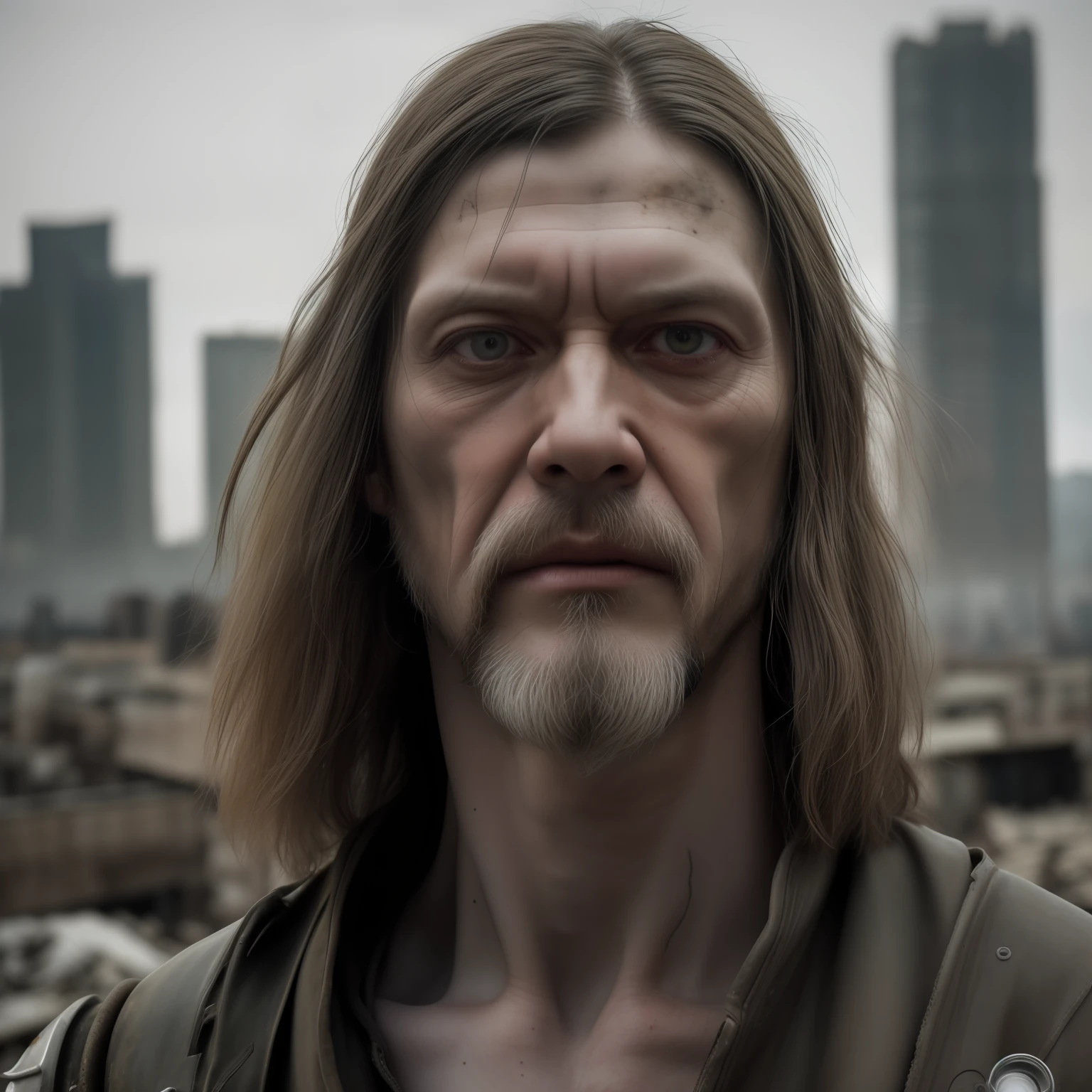 RAW photo, a close up portrait photo of brutal 45 y.o man in wastelander clothes, long haircut, pale skin, slim body, background is city ruins, (high detailed skin:1.2), 8k uhd, dslr, soft lighting, high quality, film grain, Fujifilm XT3