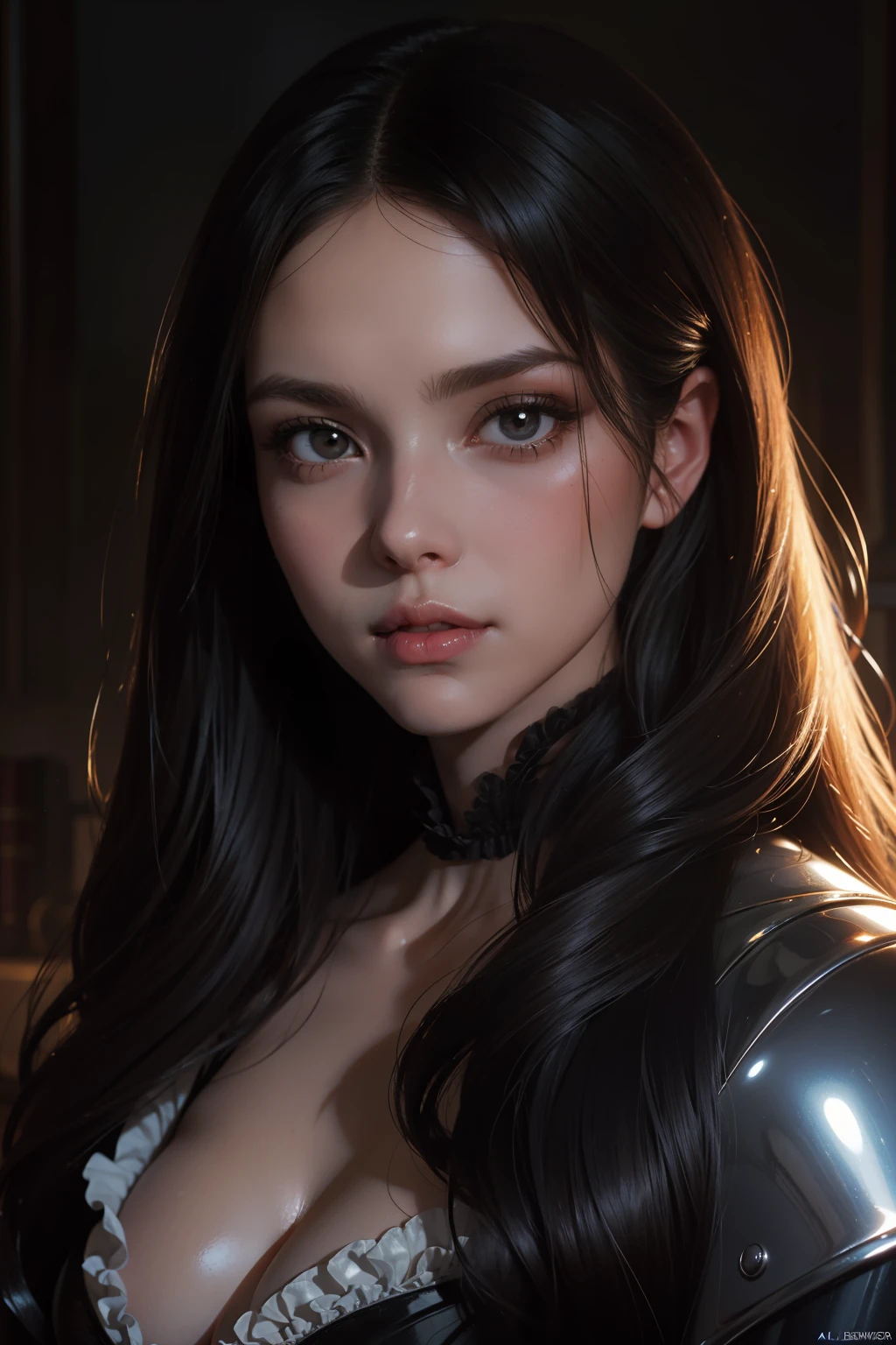 dusk, moody, gloomy, intimate close up portrait of a beautiful vampire princess, perfect shiny ivory skin, flushed, smoldering eyes, (perfect face), cleavage, shiny long black hair, frills, (Albert Lynch), J. C. Leyendecker, Ruan Jia, Gaston Bussiere, Alexandre Cabanel, WLOP, best quality