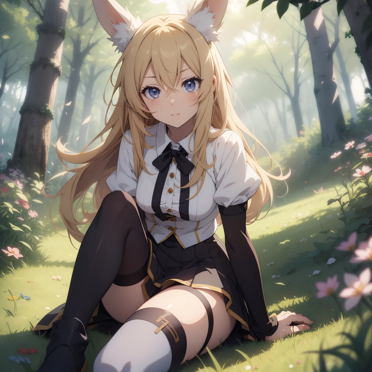 ((anime styled:1.2))Rabbit-eared girl Mini skirt meadow background knee sox sun light shinny hair Clear look scinematic angle cinematic shadow softfocus fullllbody