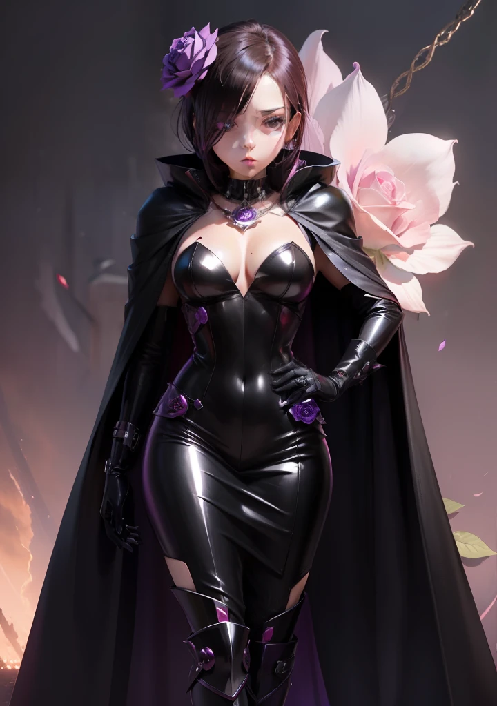 (masutepiece, Best Quality;1.3), ultra-detailliert, Rosemon, Digimon, The head is a rose flower. cover his eyes. black rose flower. feminine mouth. black rubber suit. Exposure of chest. gloves and boots. A purple jewel around her neck. black cloak.