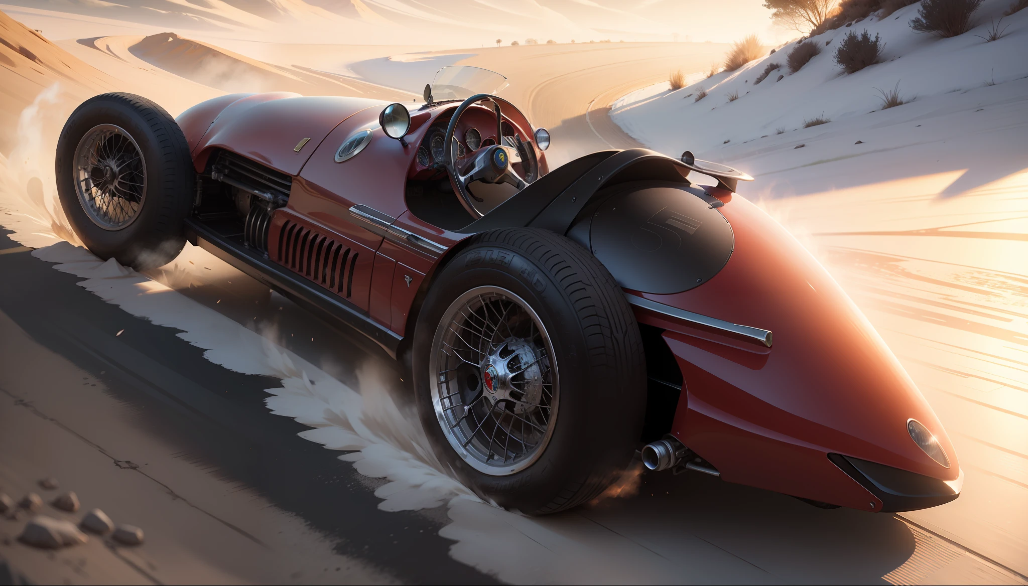 Uma Ferrari vermelha brilhante 125S 1950 corre pela rua molhada, quase hiper-realista. The car is moving fast, com um desfoque de movimento em segundo plano. The car is highly detailed, com reflexos, sombras e texturas. The image is an artistic style and has a sense of movement. Dirigido por Greg Rutkowski.