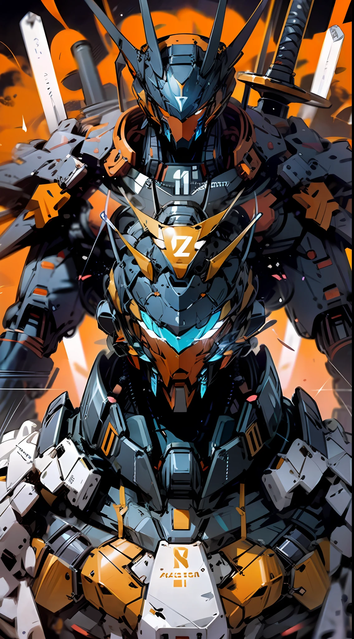 Raw foto,Dark_Fantasy, Cyberpunk, (Big Revolver, Sword Man, Violet: 1.1), 1man, Mechanical Wonder, Robotic Presence, Cybernetic Guardian, orange, black, samurai Gundam, extremely high detailed, half-body, orange firefly, orange Gundam,