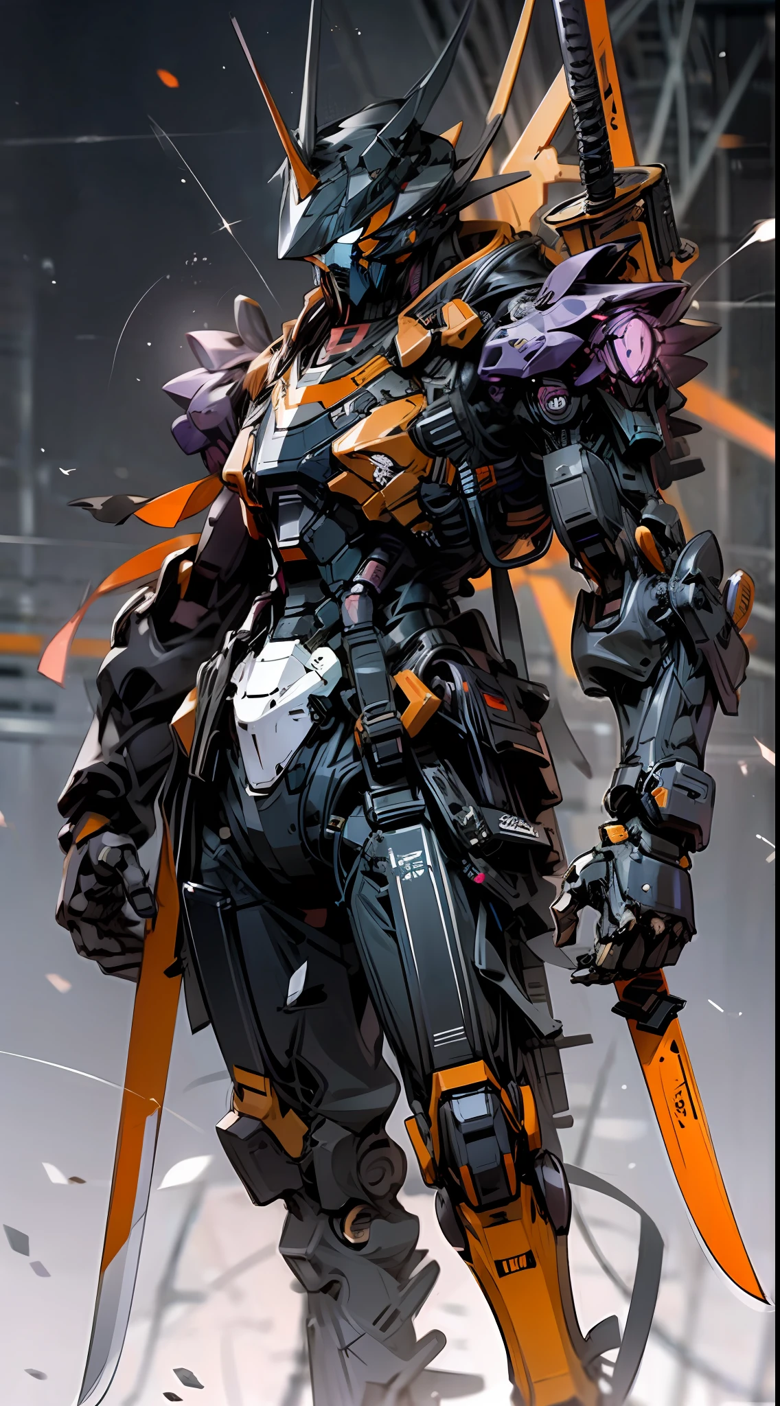 Raw foto,Dark_Fantasy, Cyberpunk, (Big Revolver, Sword Man, Violet: 1.1), 1man, Mechanical Wonder, Robotic Presence, Cybernetic Guardian, orange, black, samurai Gundam, extremely high detailed, half-body, orange firefly, orange Gundam,