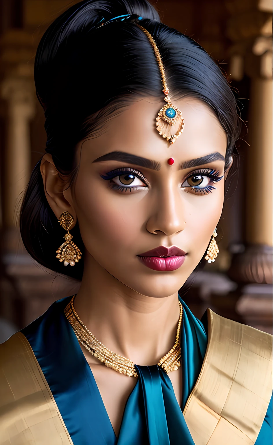 close-up RAW Portrait shot, photograph, androgynous human, oval jaw, delicate features, beautiful face, dark hair, (big bun:0.7), long bangs, hairband, long ponytail, bright blue-green eyes, (royal blue silk sari:1.4), 25yo stunning beautiful woman, (golden luxurious diadem with intricate details, gem:1.3), intricate details, skin texture, natural skin pores, dark dramatic studio lighting, cinematic shot,tan, dark olive skin, symetrical face, lascivious looking at viewer, parted lips, full lips, smokey eyes, bun pillow, elaborate hairstyle, dark lips, standing inside a hindu temple mith intricate ornament