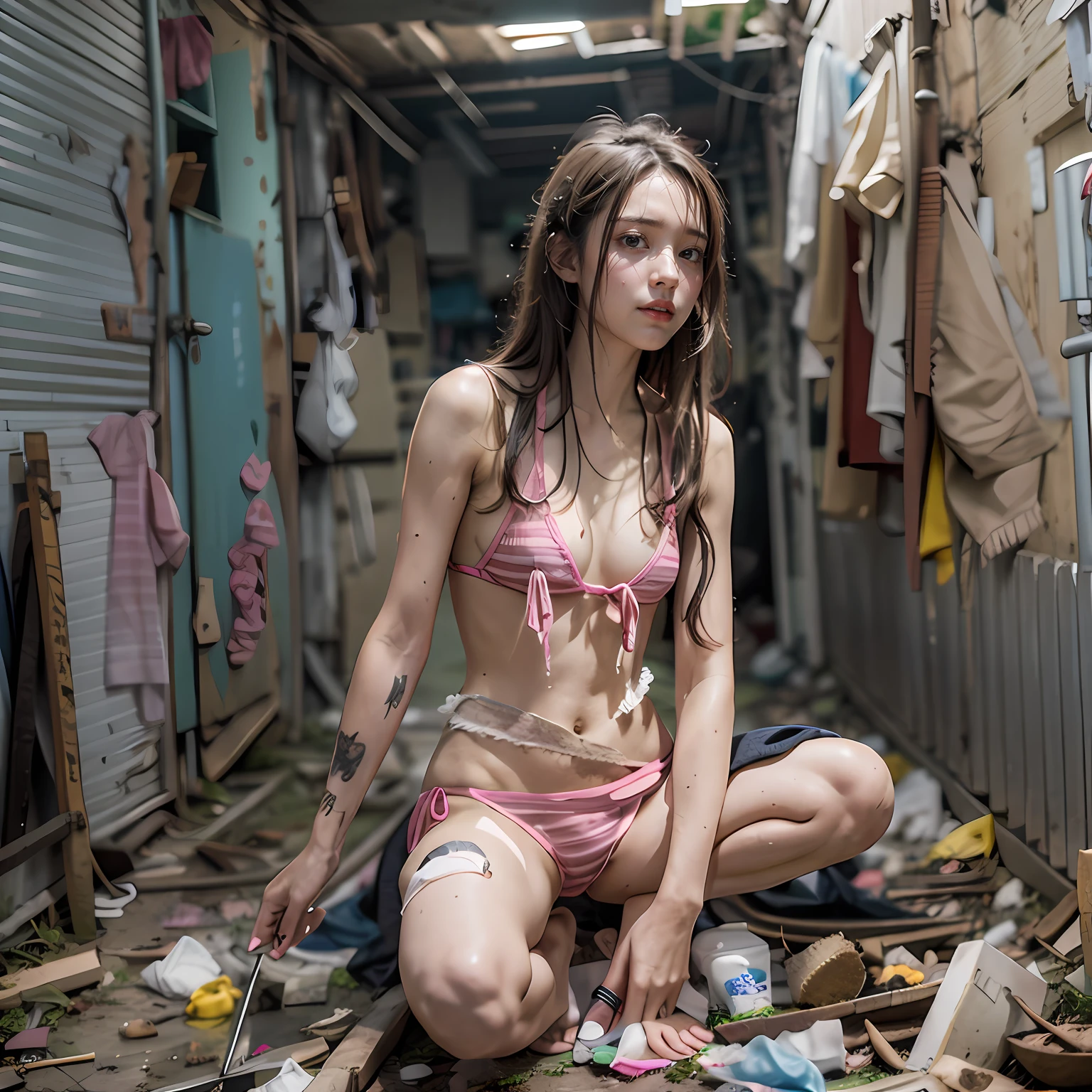 abandoned toilet，Garbage all over the ground，grimy，Dilapidated，Devastated，best qualtiy，full-body portraits（1：1），delicated face，18 years old girls，lean and slender body，Skinny，Smaller bust，Pink tender，Broken transparent bikini，Looming，Panties to the crotch，The barefoot，junk，exhibitionism，exhibitionists，no clothes are worn，don't have clothes